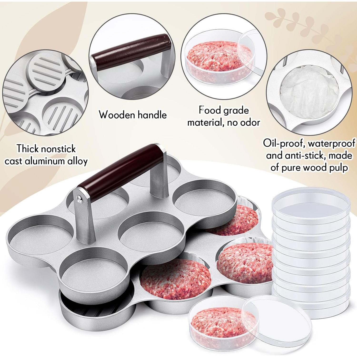 Prensa de Mini Hamburguesas Reallnaive con 200 Papeles y 6 Contenedores