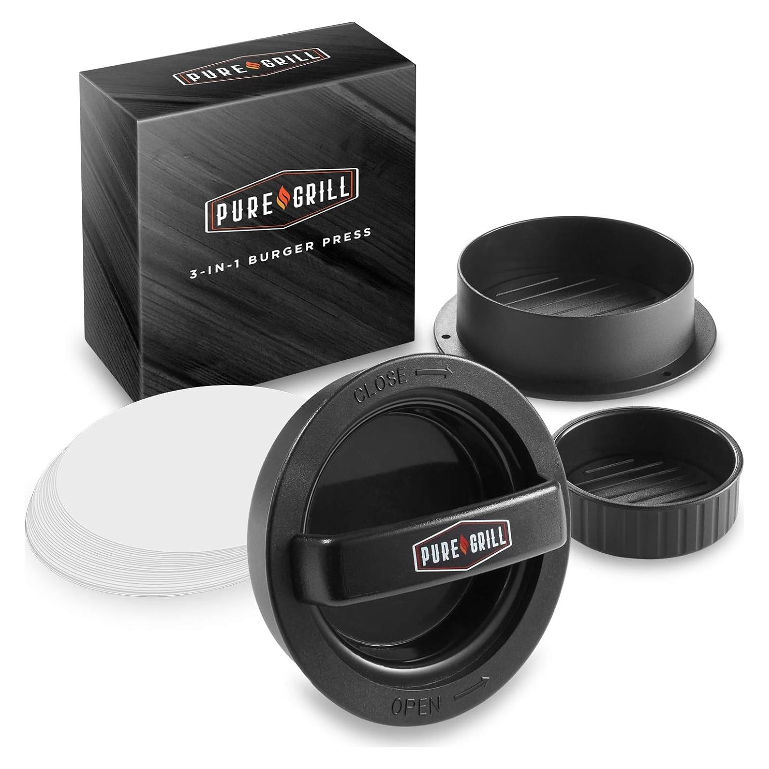 Prensa de Hamburguesas 3-en-1 Pure Grill - Incluye 100 Papeles
