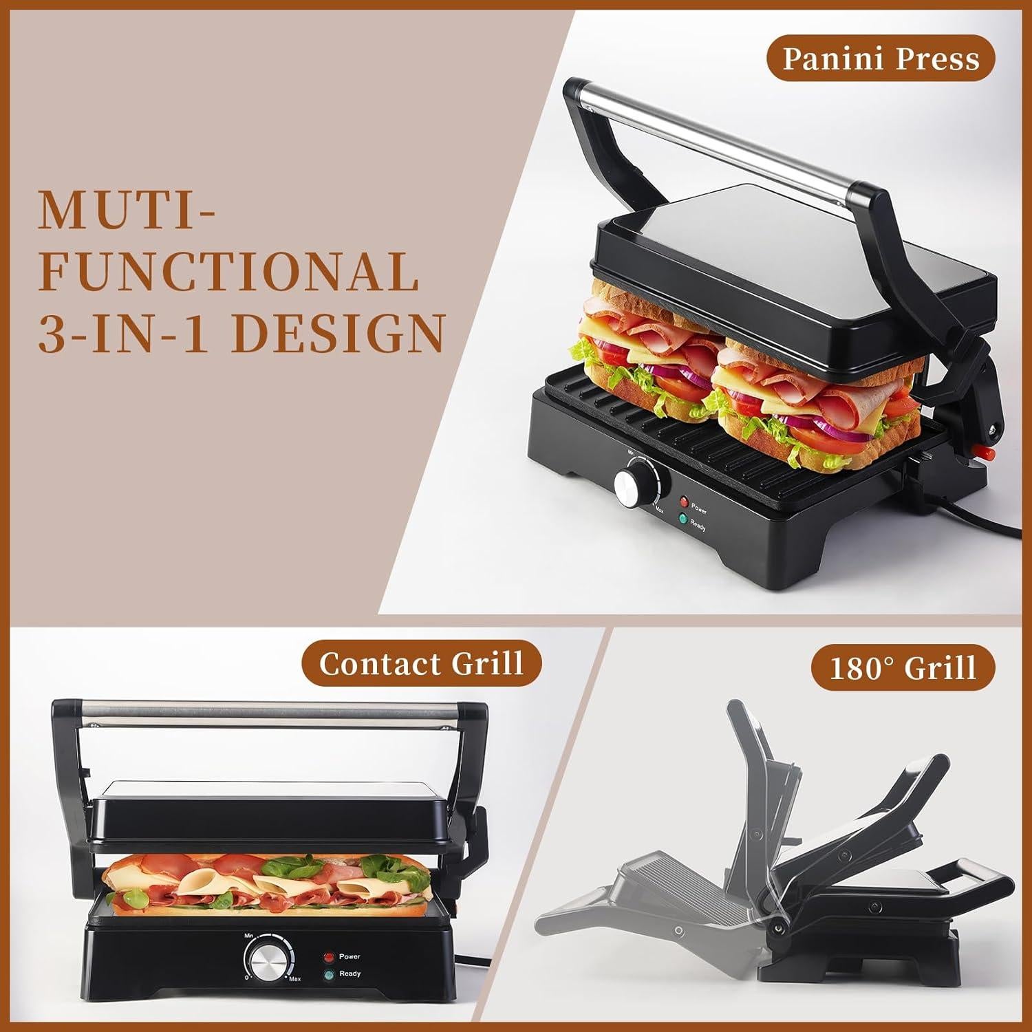 Prensa Panini Grill UVFAST JK-308M 3 en 1 Antiadherente Negro