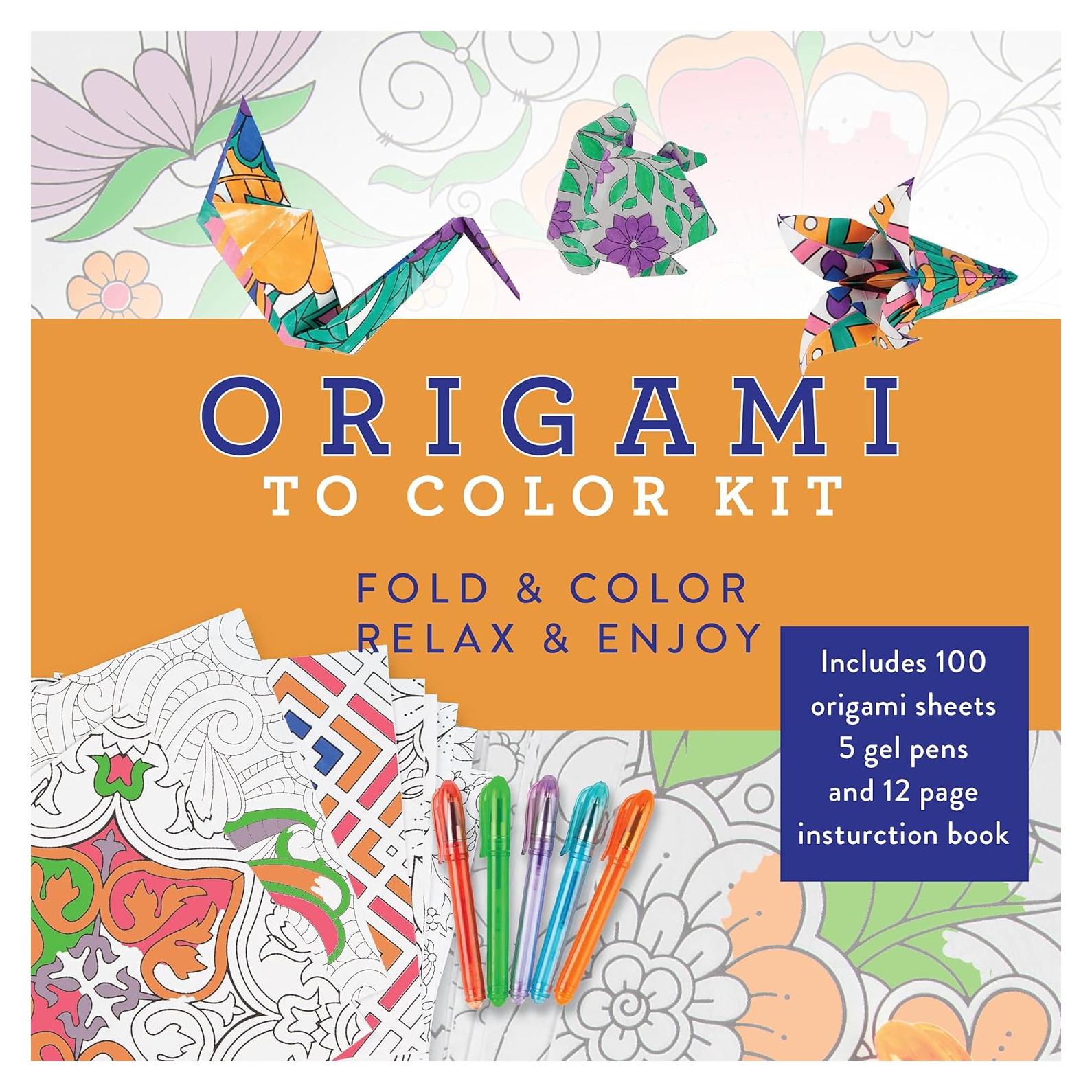 Origami to Color Kit: Includes 100 Origami Sheets, 5 Gel Pens, and 12 Page Instruction Book
