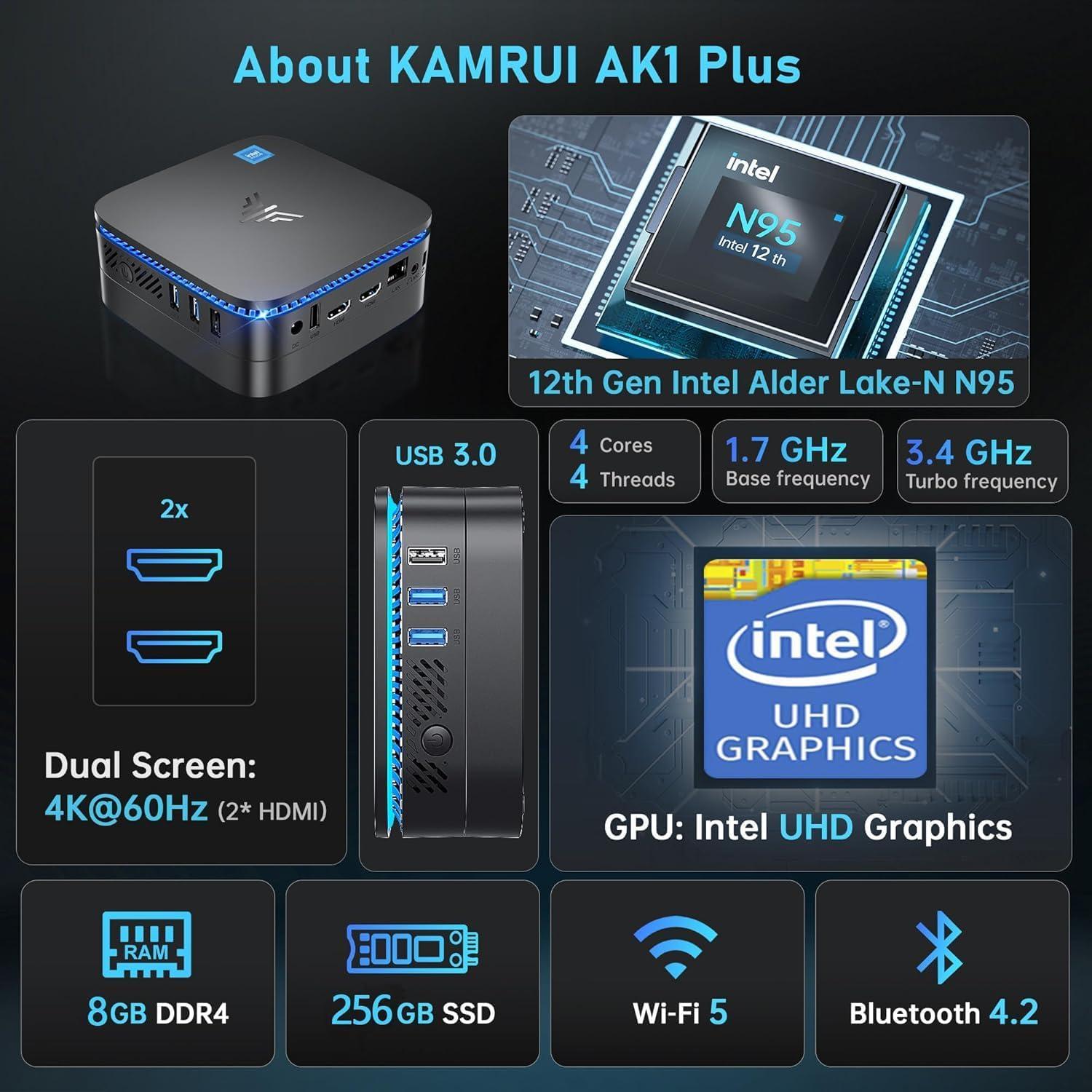 Mini PC KAMRUI AK1PLUS, Intel N95, 8GB RAM, 256GB SSD