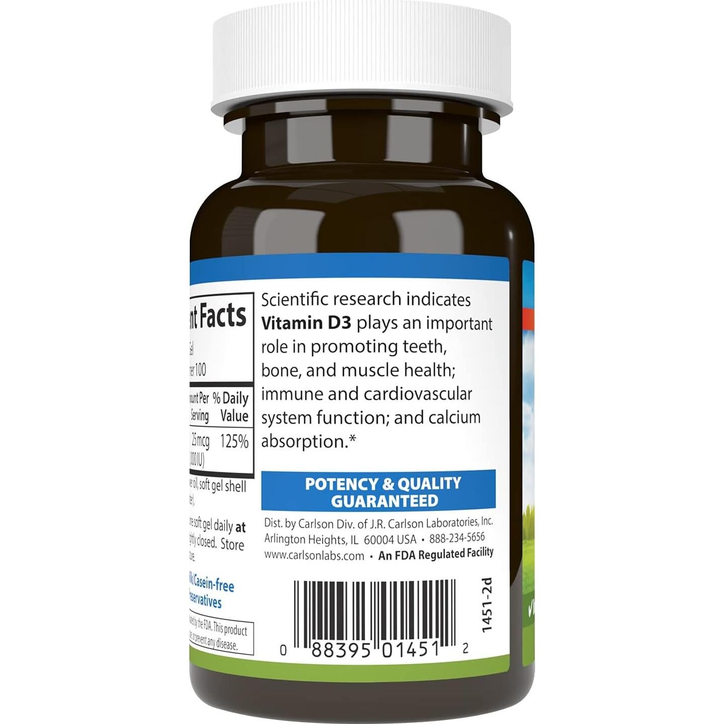 Carlson Vitamina D3 1000 UI 100 Cápsulas Blandas Salud Ósea