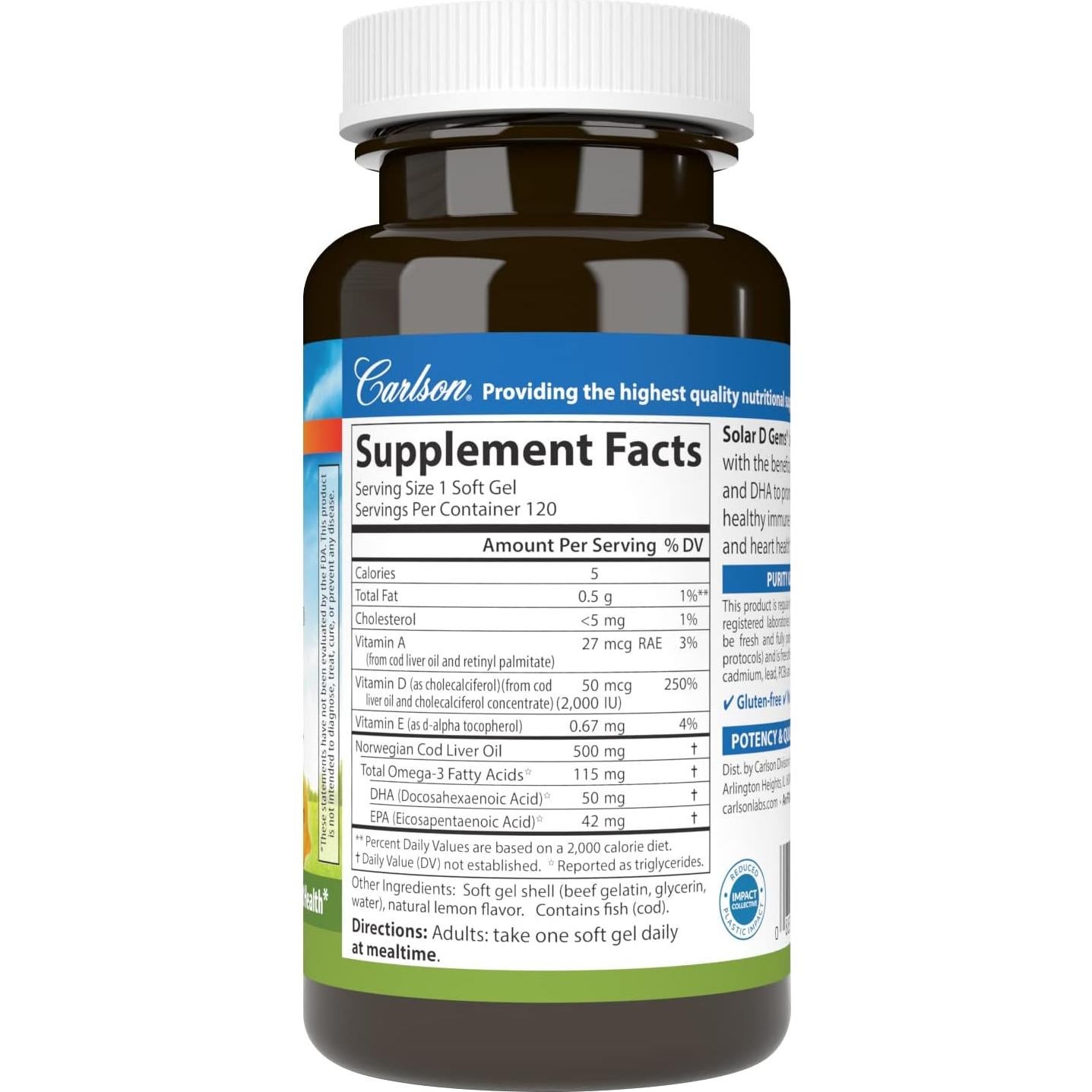 Vitamina D3 Natural Carlson Labs 2000 UI 120 Gelatinas Blandas