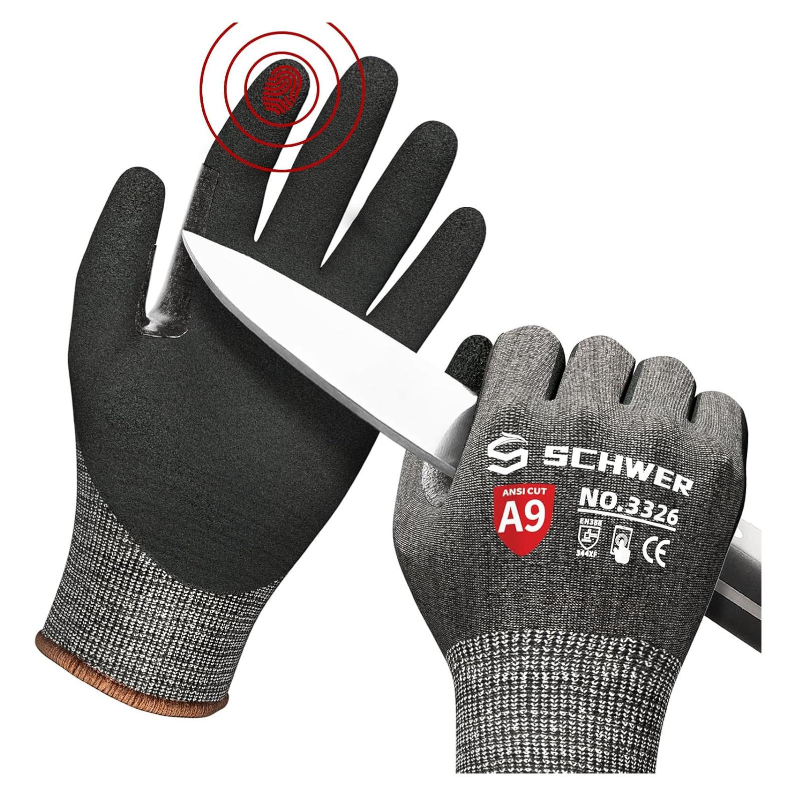 Schwer ProGuard Highest Level Cut Resistant Work Gloves PR3326 for Extreme Protection，ANSI A9 Cut Gloves with Reinforced Thumb, Non Slip, Breathable, Cooling, Durable, Touch-screen, Black 1 Pair（S）