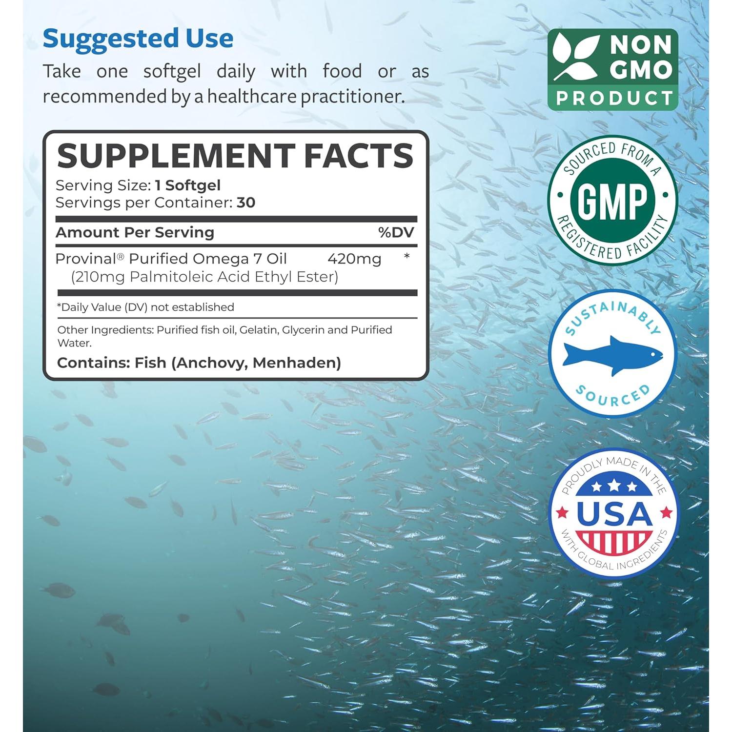 Suplemento Omega 7 Healths Harmony - 30 Cápsulas de Aceite de Pescado