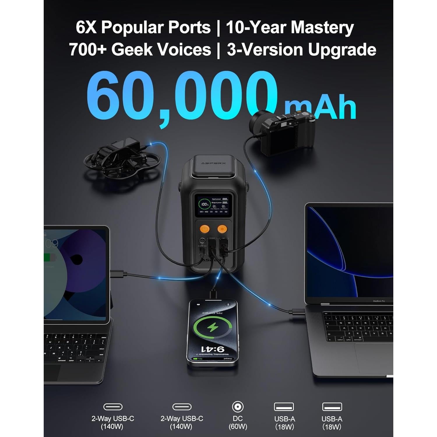 Estación de Energía Portátil AsperX AXP200 60000mAh 200W