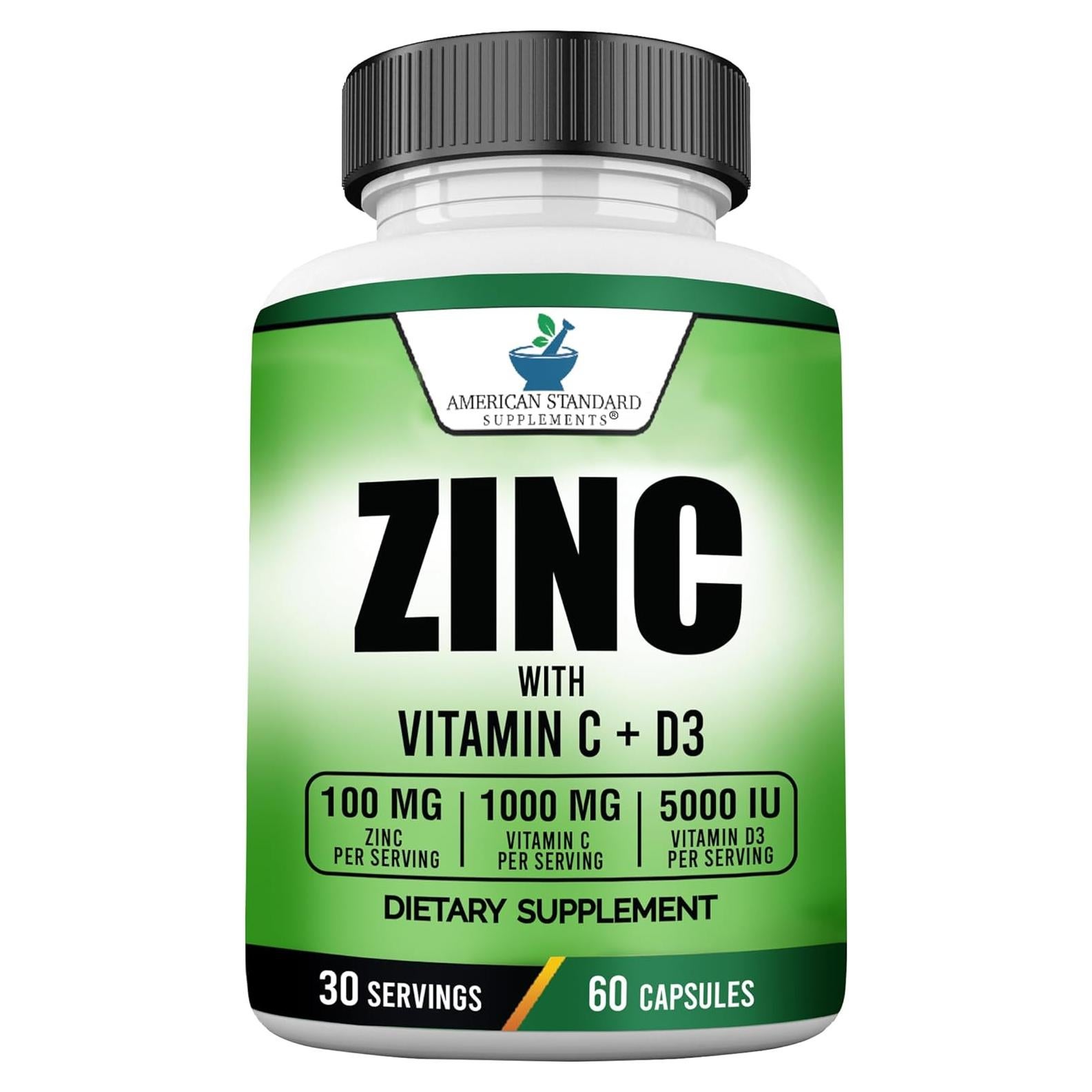 Suplementos American Standard Zinc 100mg, Vitamina C 1000mg y D3 125mcg - 60 Cápsulas