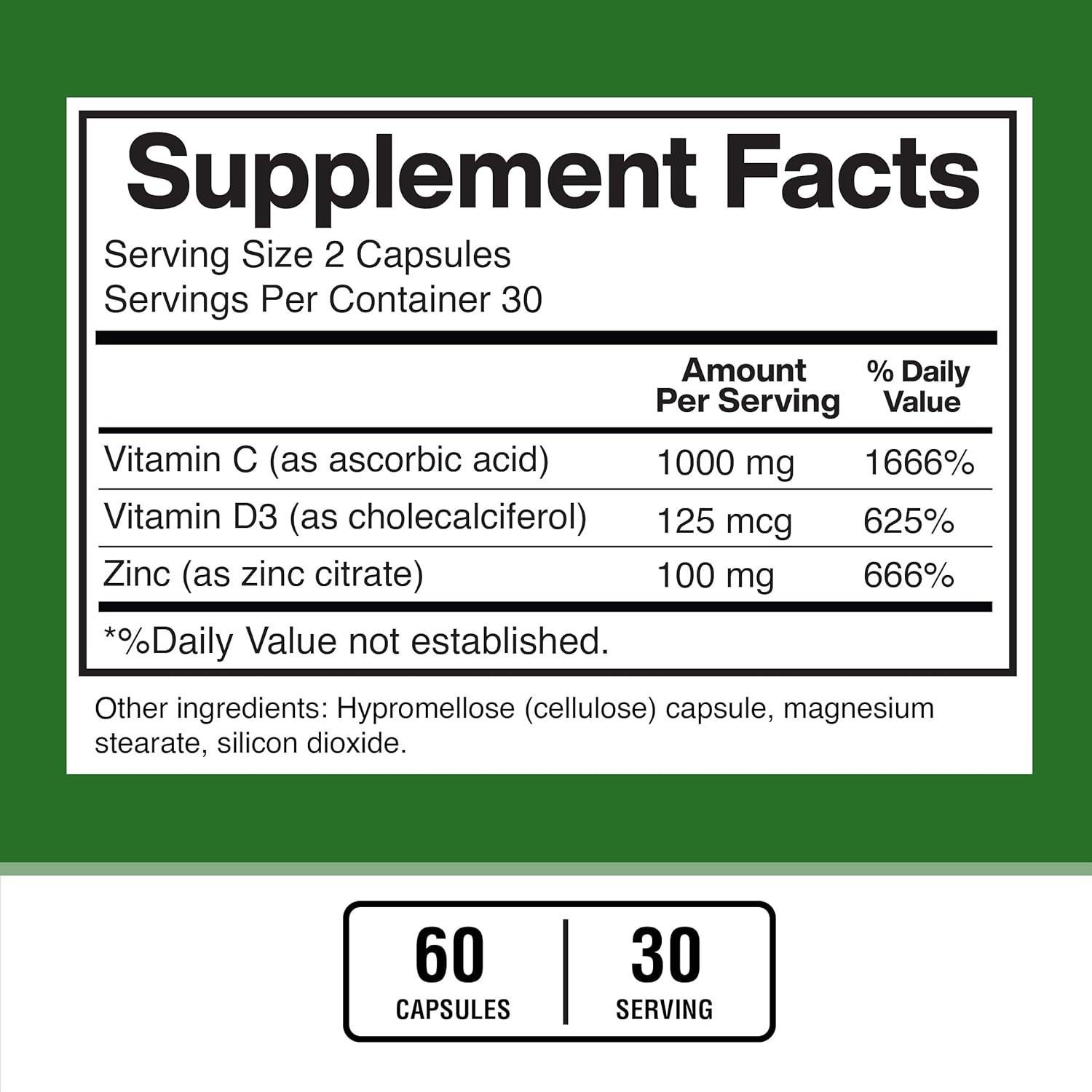 Suplementos American Standard Zinc 100mg, Vitamina C 1000mg y D3 125mcg - 60 Cápsulas