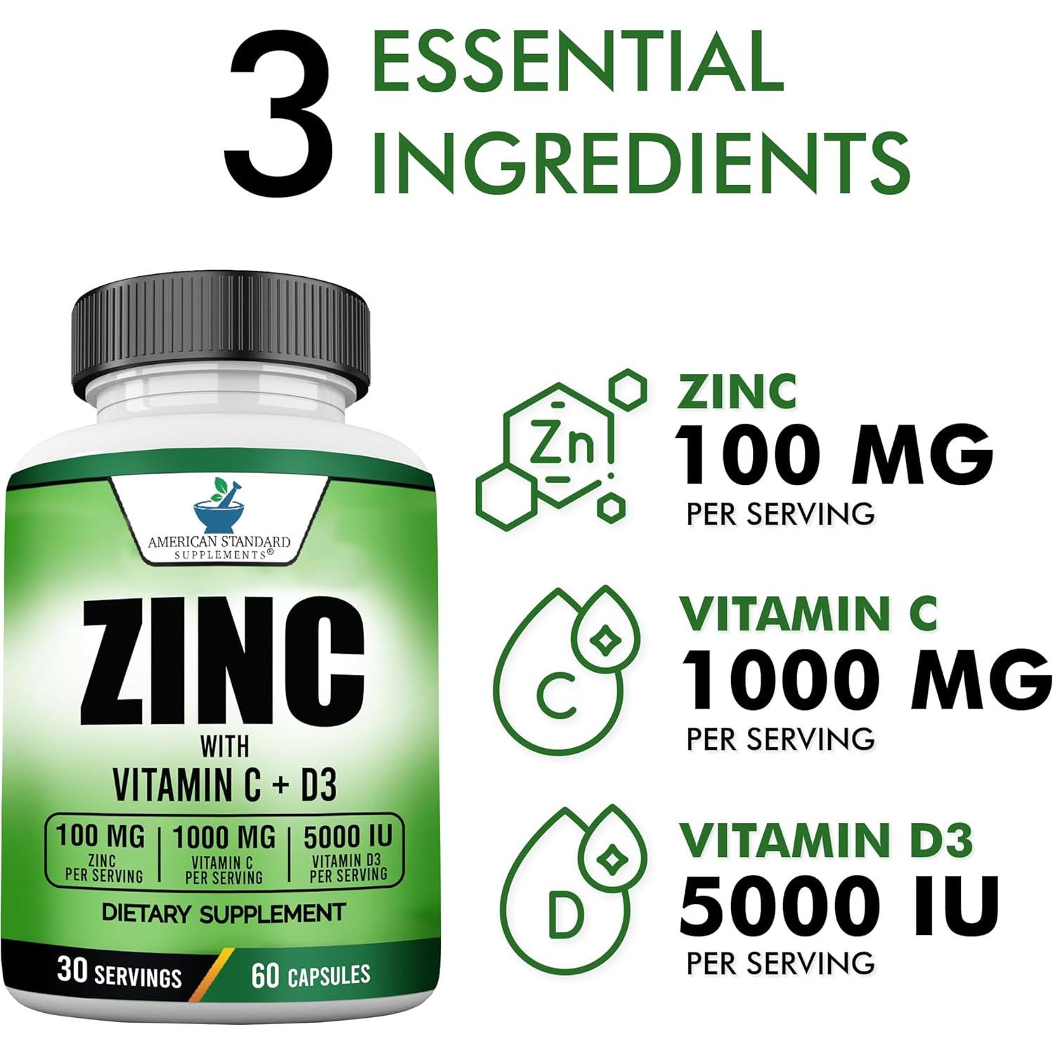 Suplementos American Standard Zinc 100mg, Vitamina C 1000mg y D3 125mcg - 60 Cápsulas