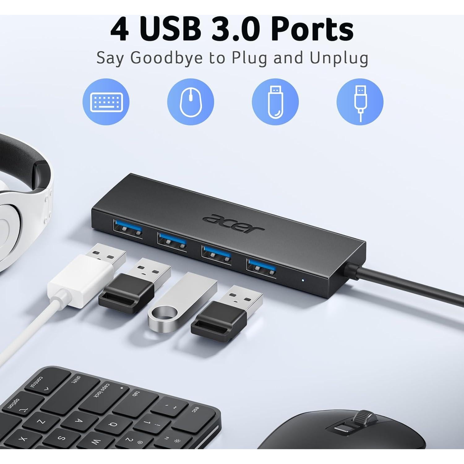 Hub USB Acer 4 Puertos 3.0 con Alimentación Tipo C 0.61m
