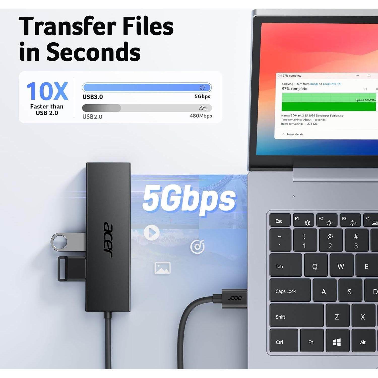 Hub USB Acer 4 Puertos 3.0 con Alimentación Tipo C 0.61m