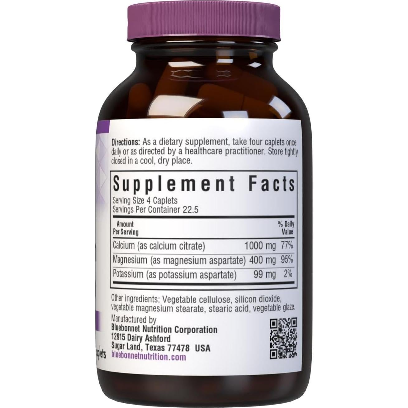 Suplemento de Calcio Magnesio Potasio Bluebonnet 1000mg 90 Tabletas