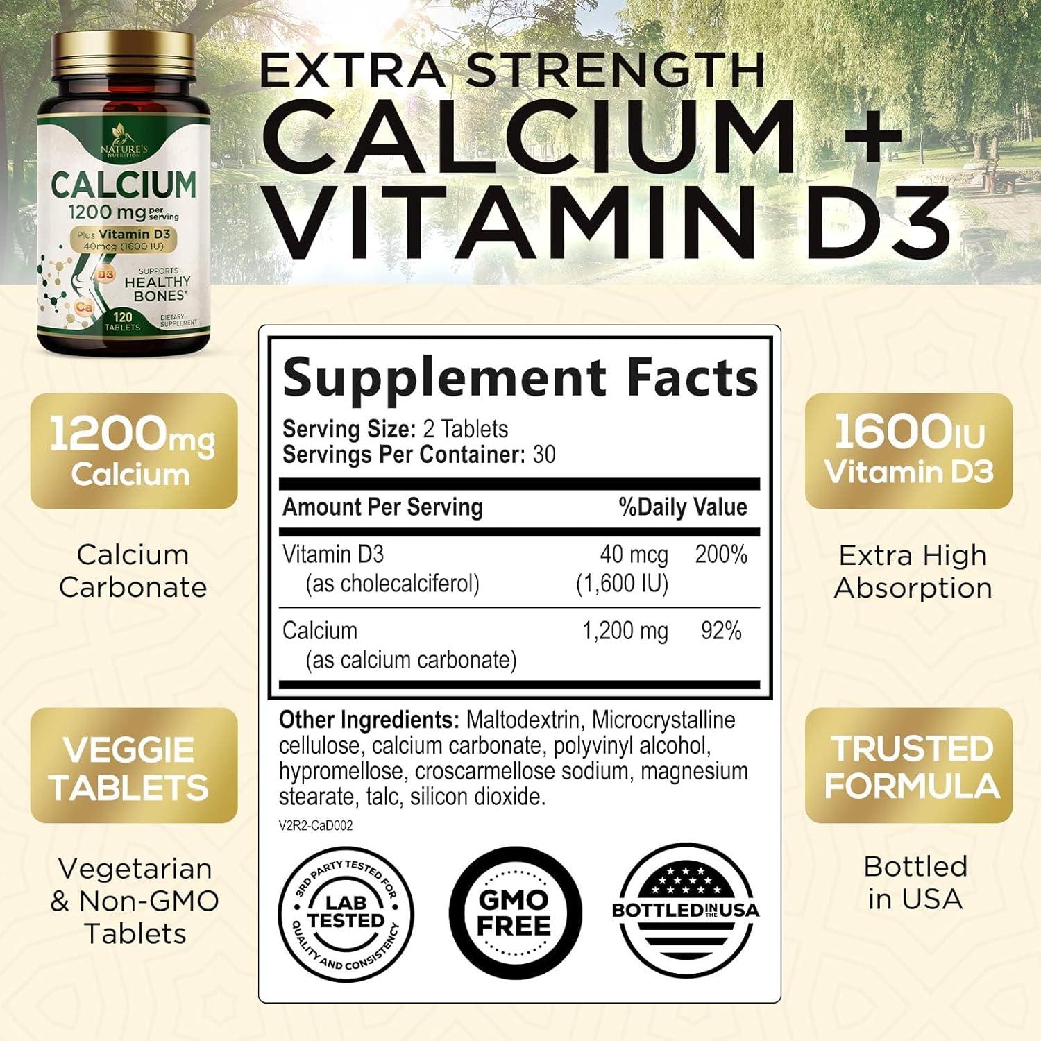 Calcio 1200 mg con Vitamina D3 - Suplemento Salud Ósea 60 Tabletas