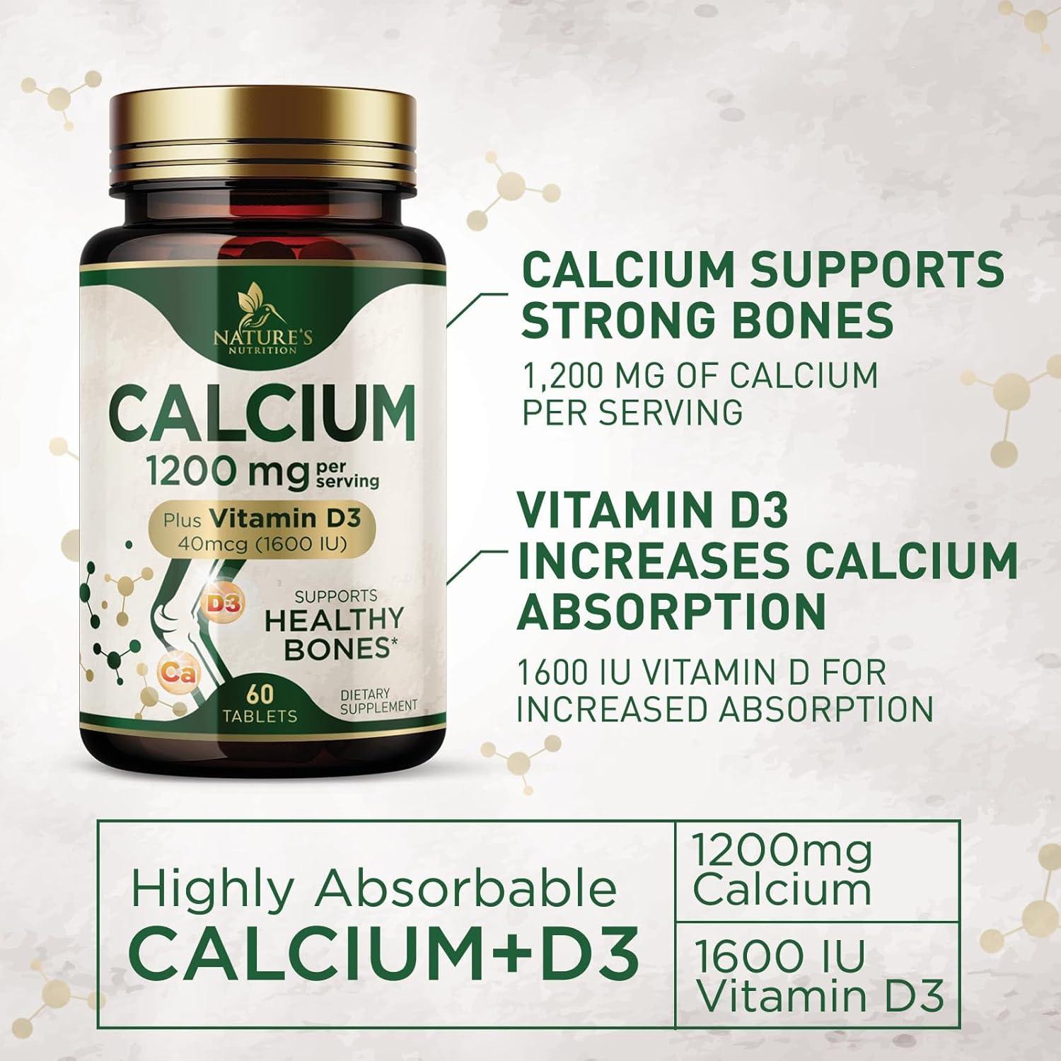 Calcio 1200 mg con Vitamina D3 - Suplemento Salud Ósea 60 Tabletas