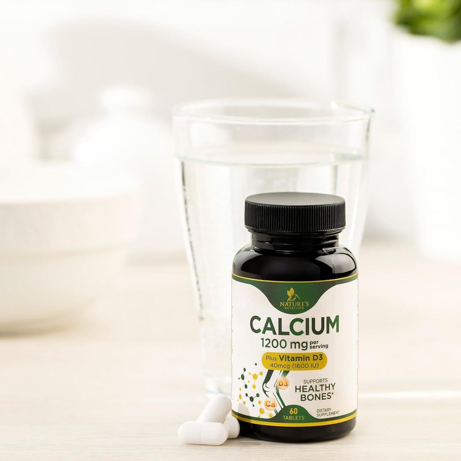 Calcio 1200 mg con Vitamina D3 - Suplemento Salud Ósea 60 Tabletas