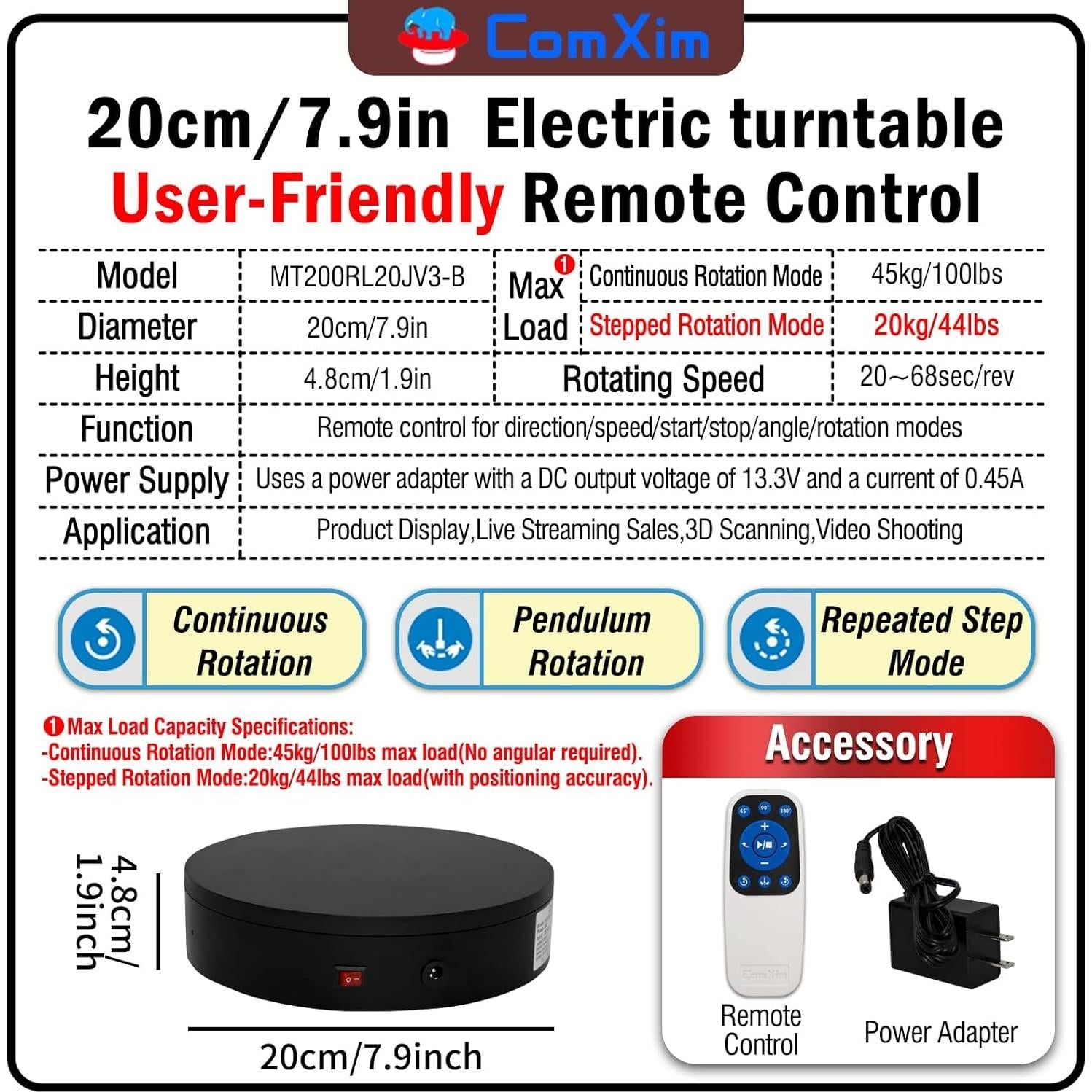 Soporte giratorio eléctrico 20 cm ComXim 45 kg para fotografía