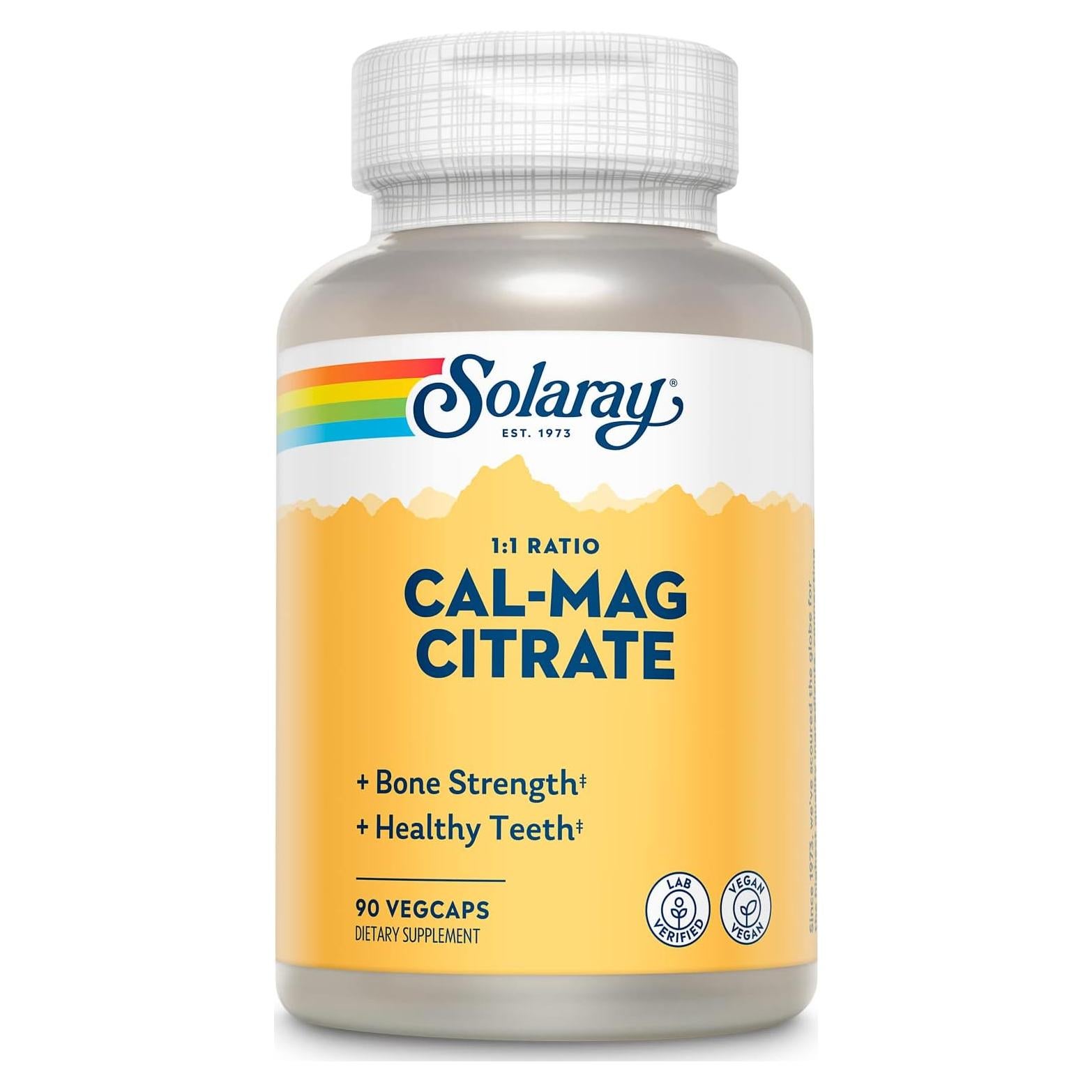 Solaray Calcium Magnesium Citrate 1000mg 1:1 Ratio, Bone Strength Supplement, Muscle, Nervous System and Bone Health Support, Chelated for High Absorption, Gentle Digestion, 15 Servings, 90 VegCaps