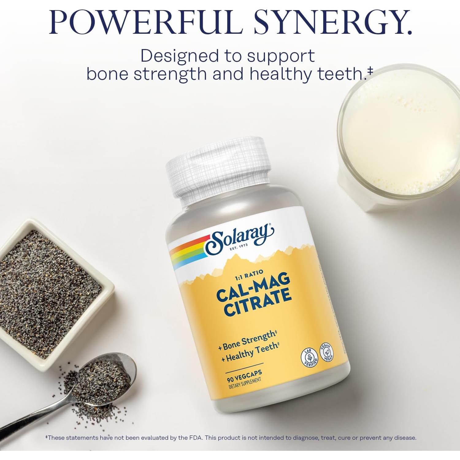 Solaray Calcium Magnesium Citrate 1000mg 1:1 Ratio, Bone Strength Supplement, Muscle, Nervous System and Bone Health Support, Chelated for High Absorption, Gentle Digestion, 15 Servings, 90 VegCaps