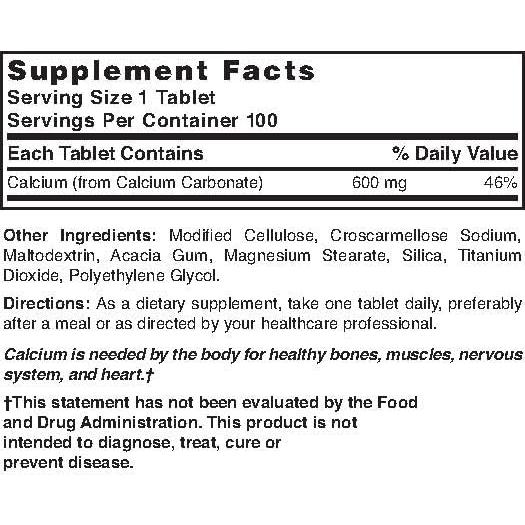 Carbonato de Calcio Puro Nature's Blend 600 mg 100 Tabletas