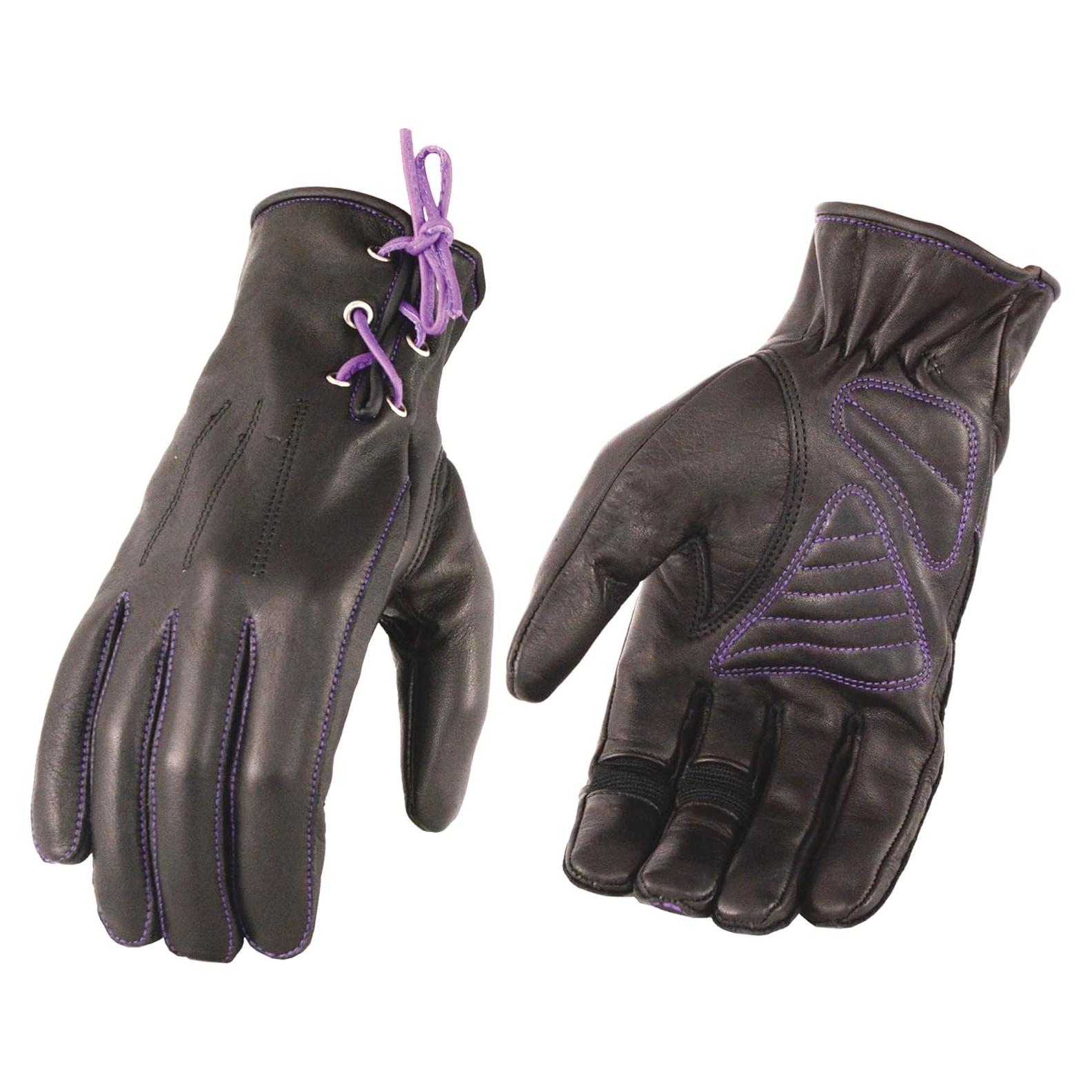 Milwaukee LeatherWomen's Black/Purple ’I - Touchscreen Compatible’ Purple Laced Wrist Motorcycle Hand Gloves W/Gel Palm MG7771