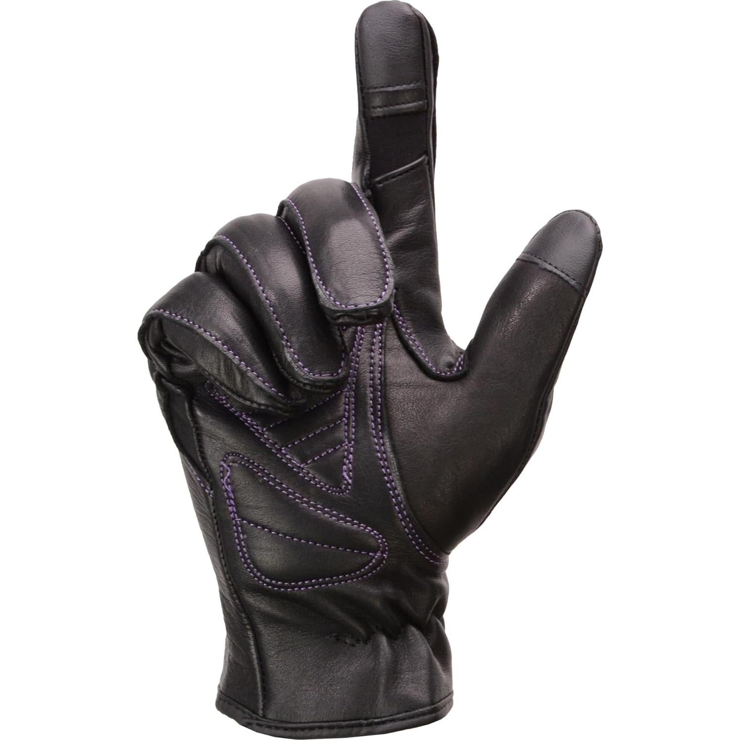 Milwaukee LeatherWomen's Black/Purple ’I - Touchscreen Compatible’ Purple Laced Wrist Motorcycle Hand Gloves W/Gel Palm MG7771