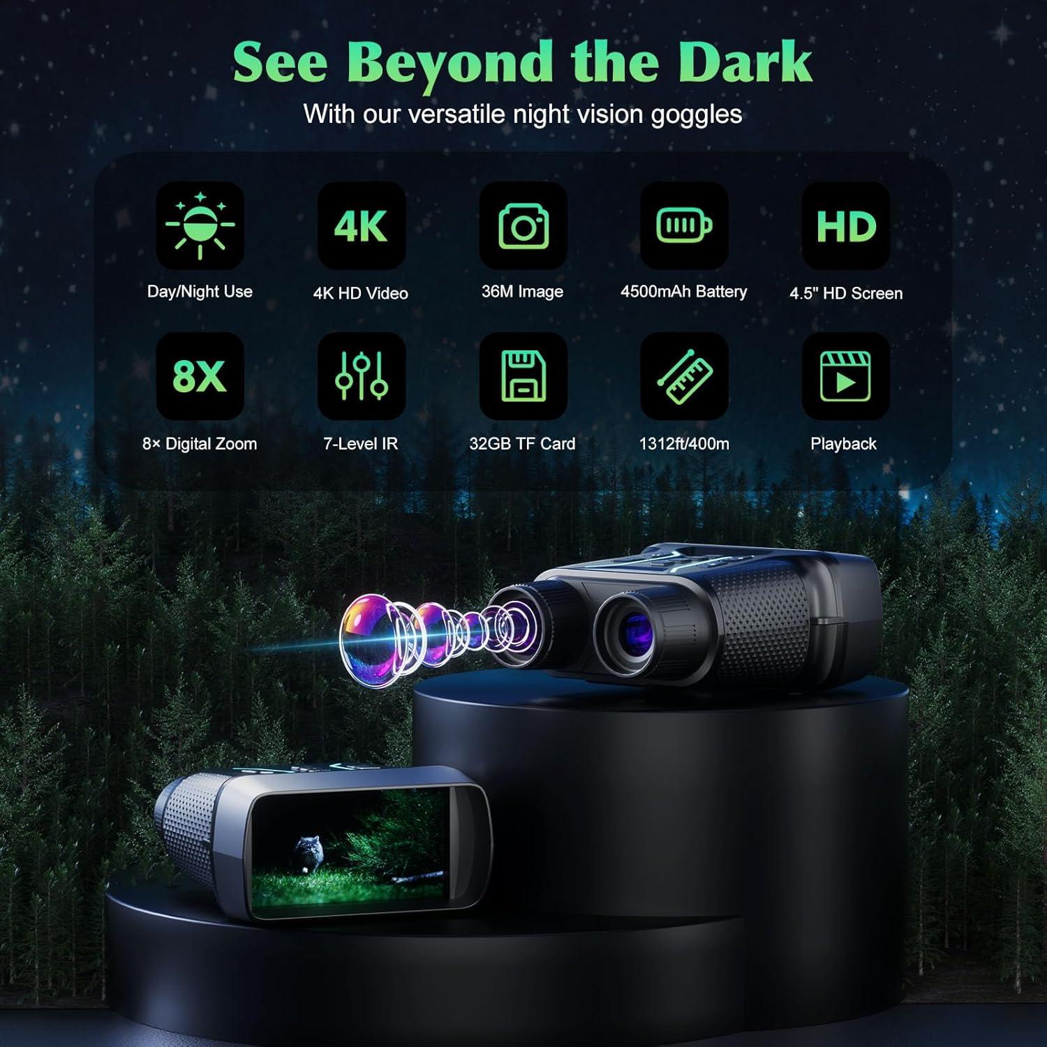 Gafas de Visión Nocturna FIEGEl NV2183 4K UHD 36MP Pantalla 4.5"