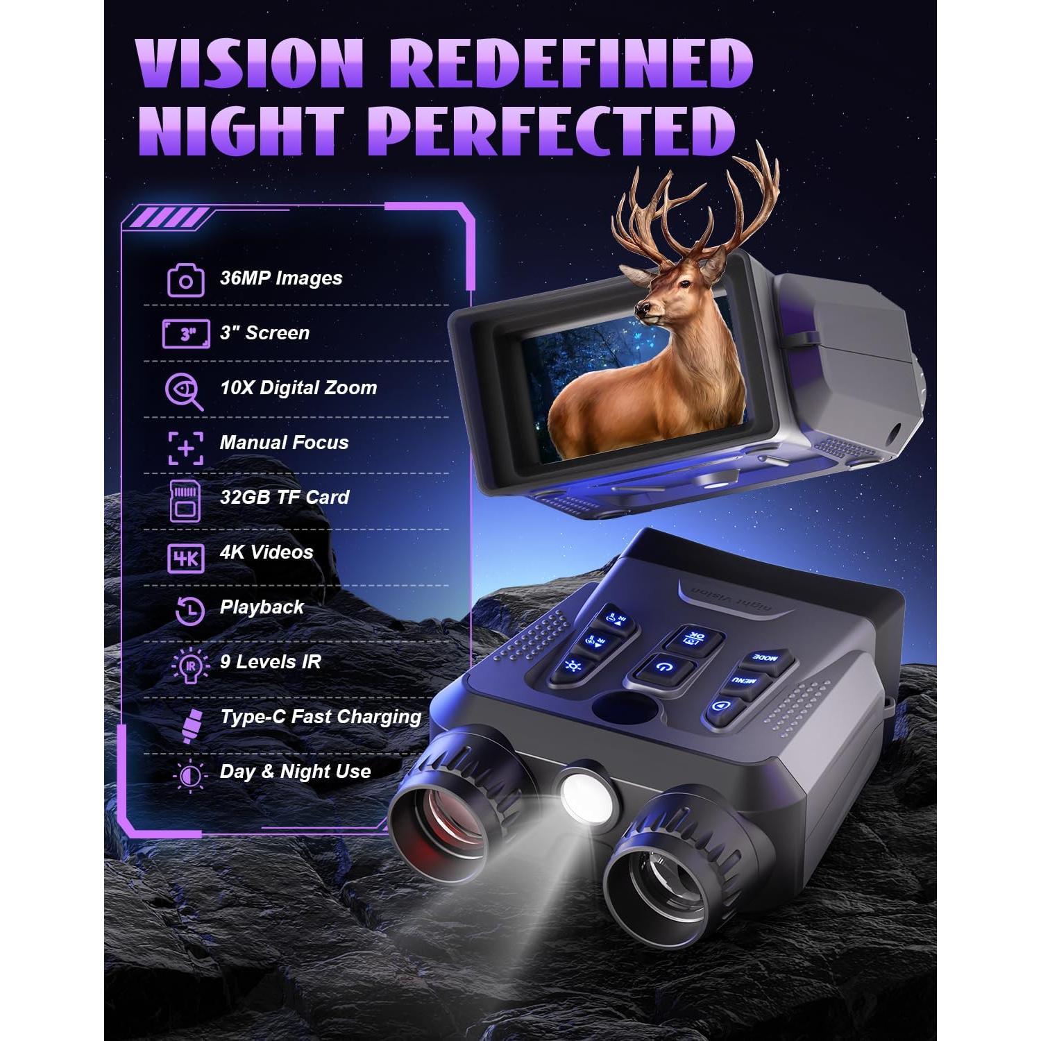 Gafas de Visión Nocturna 4K Hittymoon con Zoom 10X y 32GB