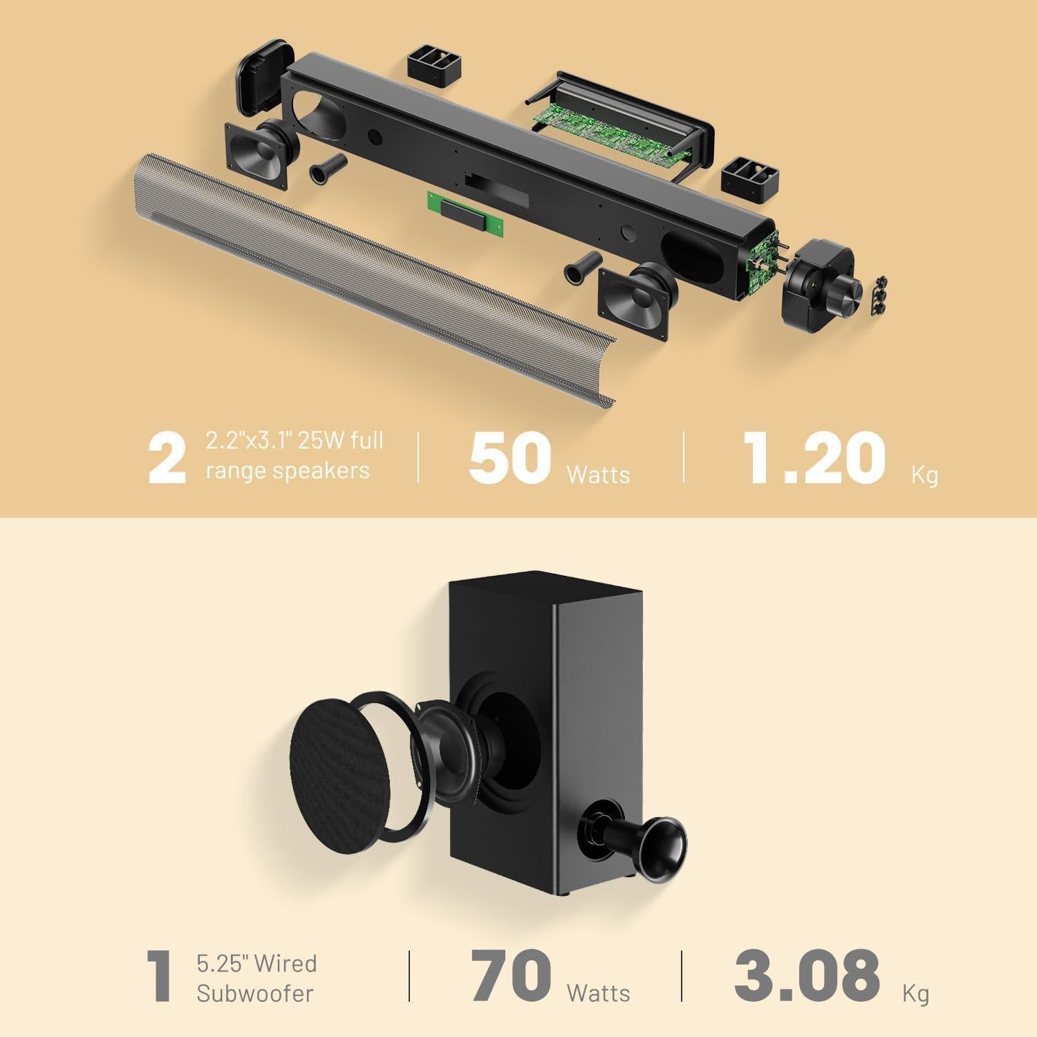 Barra de Sonido 2.1CH Chaowei con Subwoofer 70W y Bluetooth 5.3