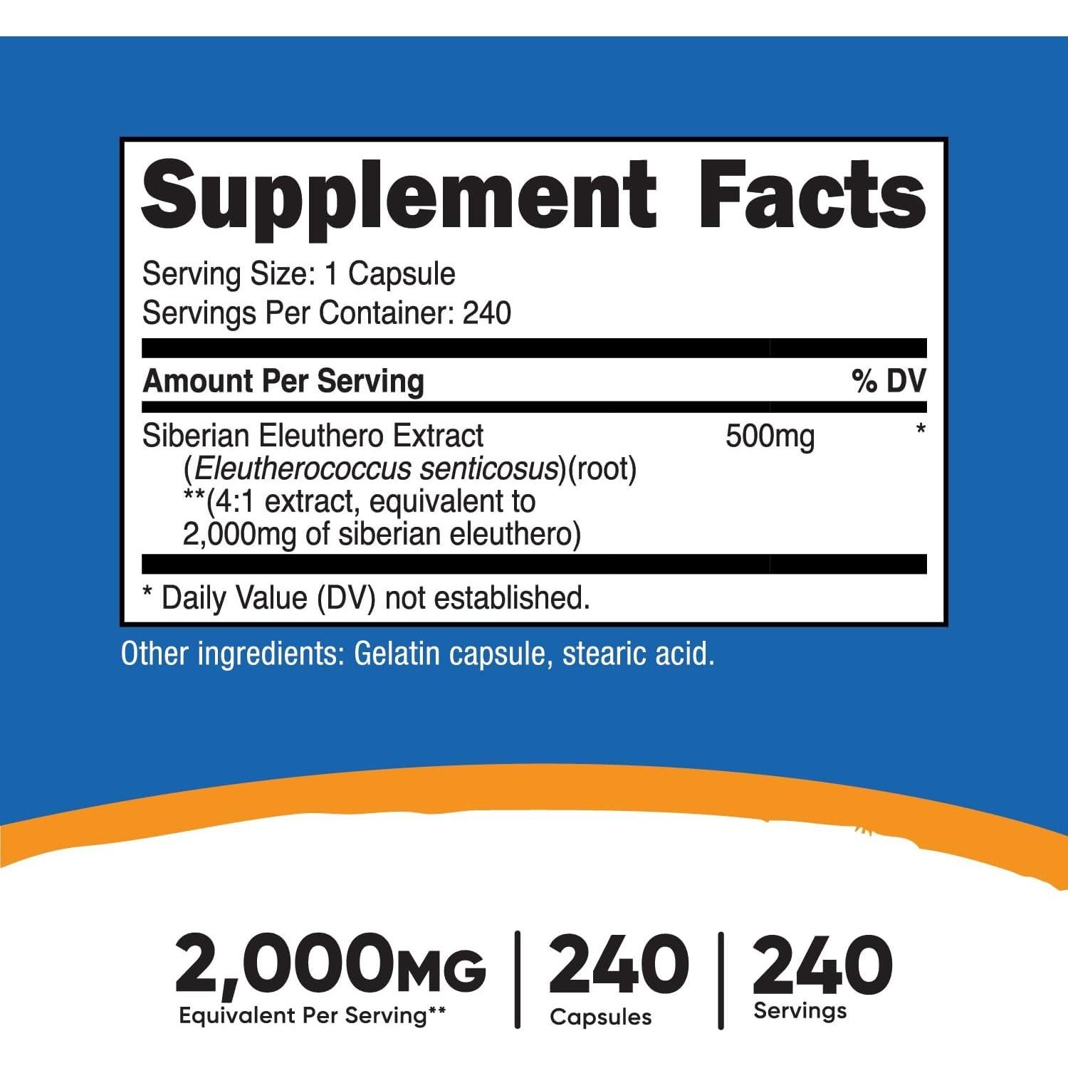 Nutricost Eleuthero Siberiano 500mg - 240 Cápsulas (2 Botellas) - Sin Gluten