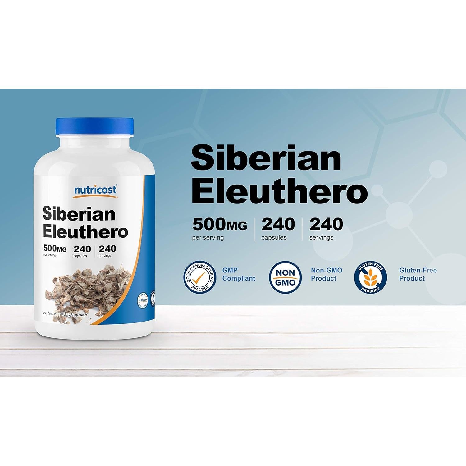 Nutricost Eleuthero Siberiano 500mg - 240 Cápsulas (2 Botellas) - Sin Gluten