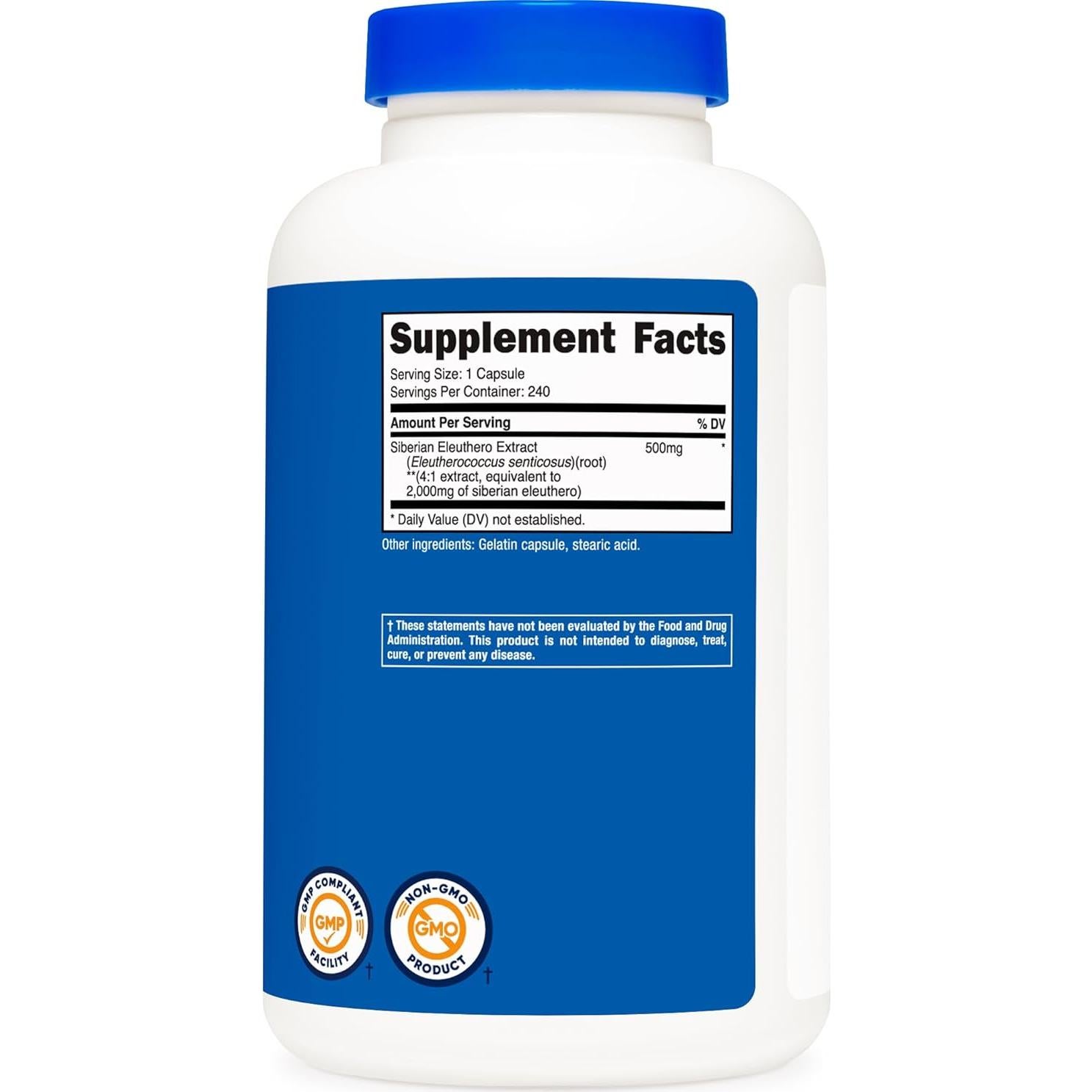 Nutricost Eleuthero Siberiano 500mg - 240 Cápsulas (2 Botellas) - Sin Gluten