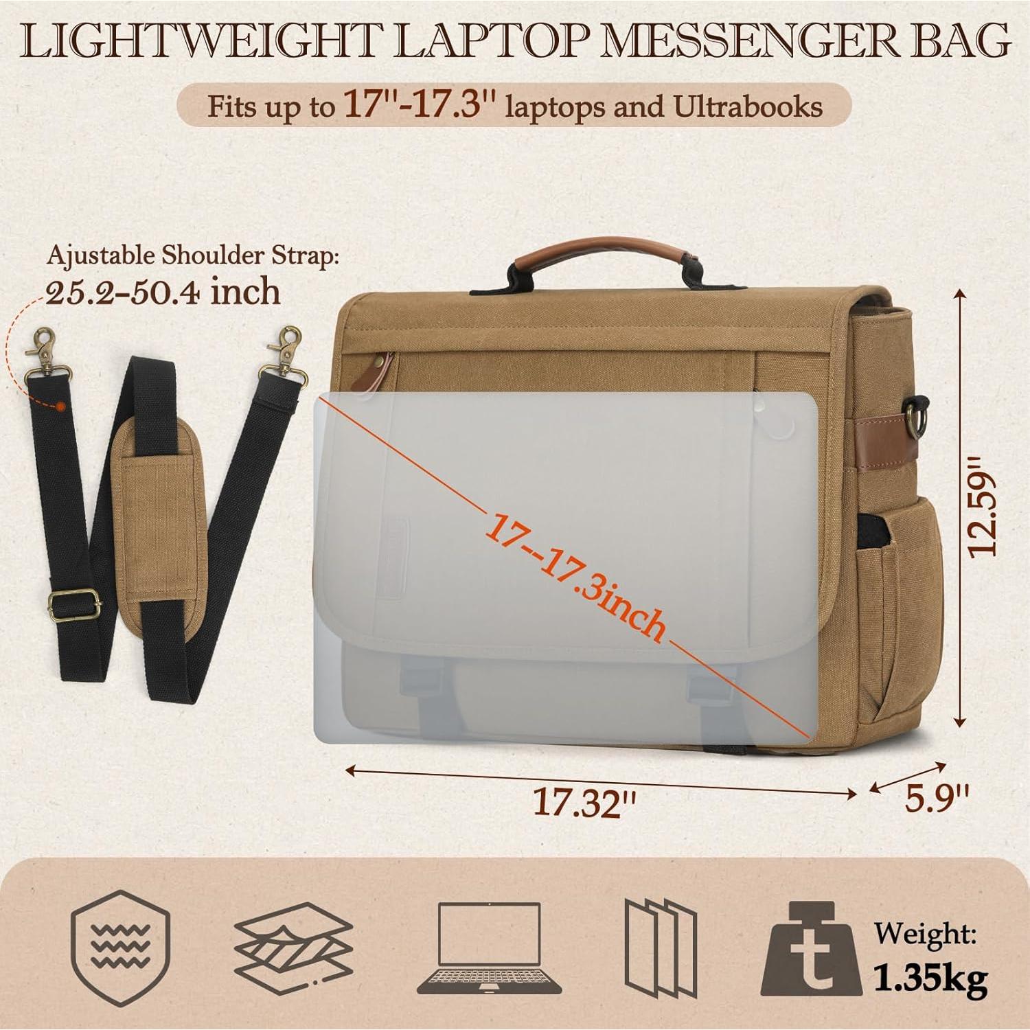 Bolsa Mensajera RAINSMORE Caqui para Laptop 17 Pulgadas Impermeable