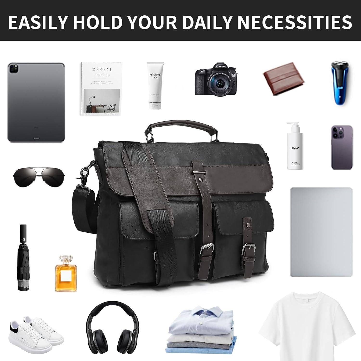 Bolsa Mensajera de Cuero Seyfocnia para Laptop 15.6" Negra