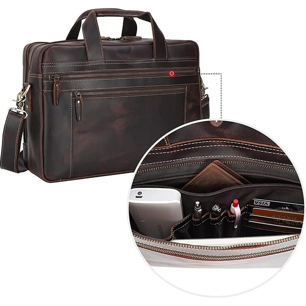 Maletín de Cuero Genuino TIDING para Laptop 17" Marrón Oscuro