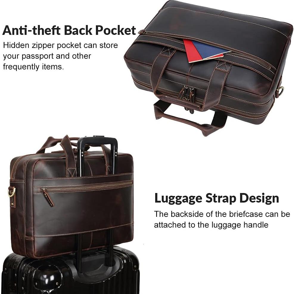 Maletín de Cuero Genuino TIDING para Laptop 17" Marrón Oscuro