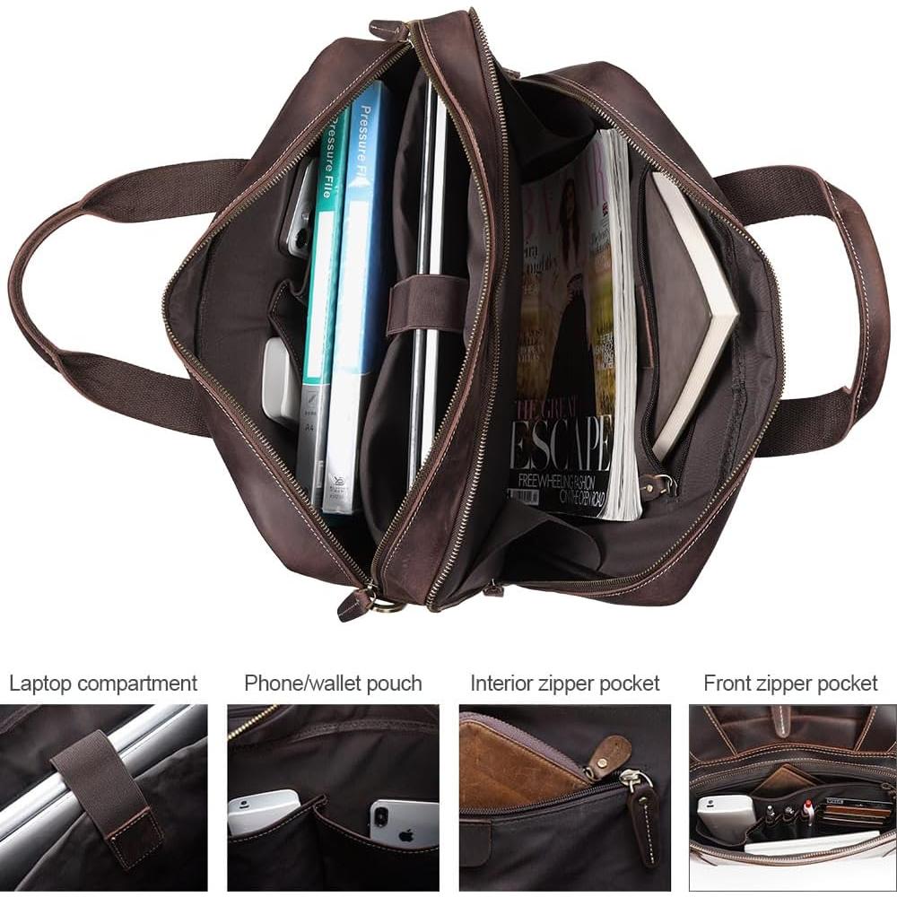 Maletín de Cuero Genuino TIDING para Laptop 17" Marrón Oscuro
