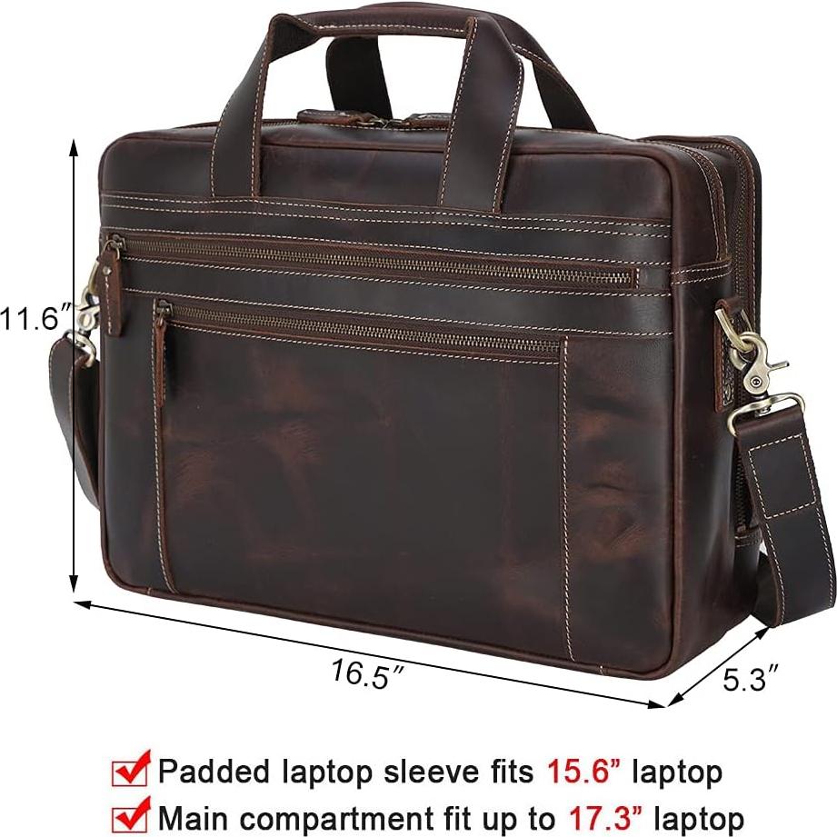 Maletín de Cuero Genuino TIDING para Laptop 17" Marrón Oscuro