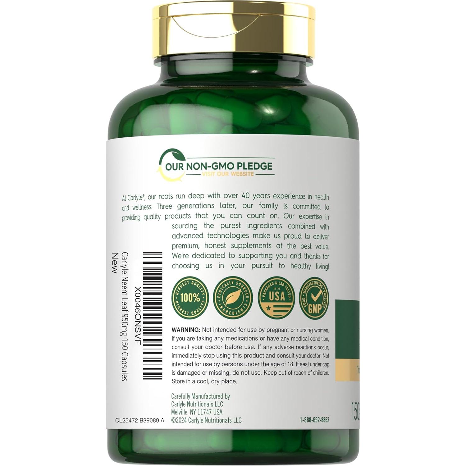 Cápsulas de Hoja de Neem Carlyle 950mg 150 Unidades Sin OGM