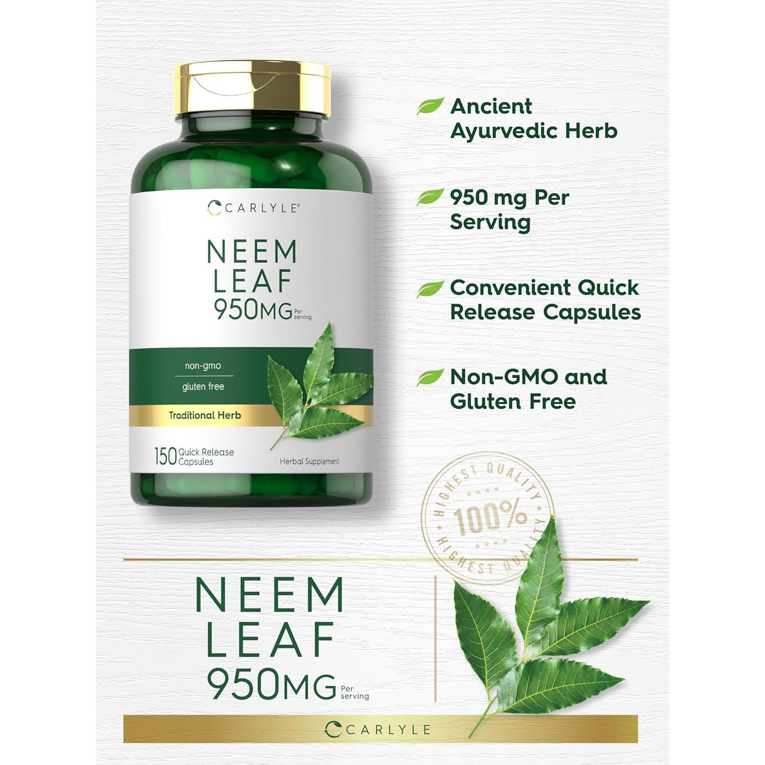 Cápsulas de Hoja de Neem Carlyle 950mg 150 Unidades Sin OGM