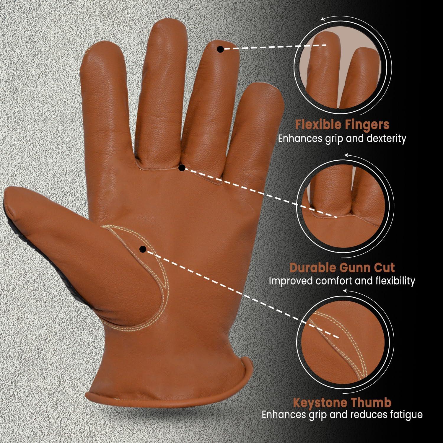 Leather Work Gloves for Men - Impact Level 2, Cut Resistant Gloves | Kevlar Stitching | Construction Glove for Men