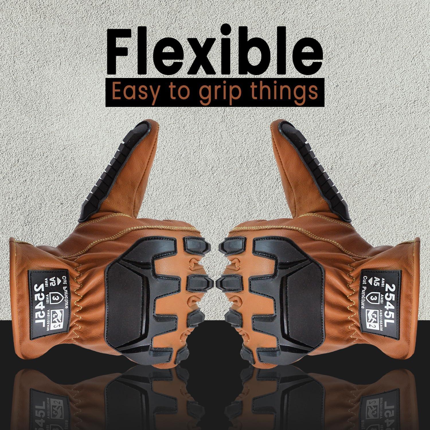 Leather Work Gloves for Men - Impact Level 2, Cut Resistant Gloves | Kevlar Stitching | Construction Glove for Men