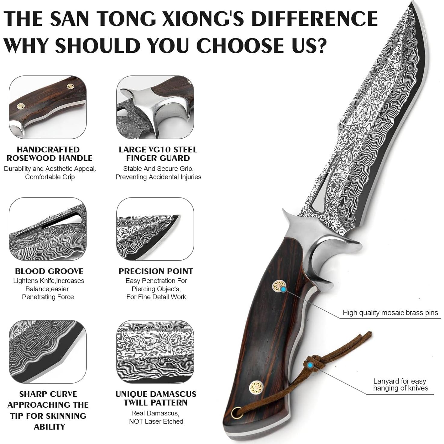 Cuchillo de Caza Damasco SAN TONG XIONG 26.2 cm con Funda