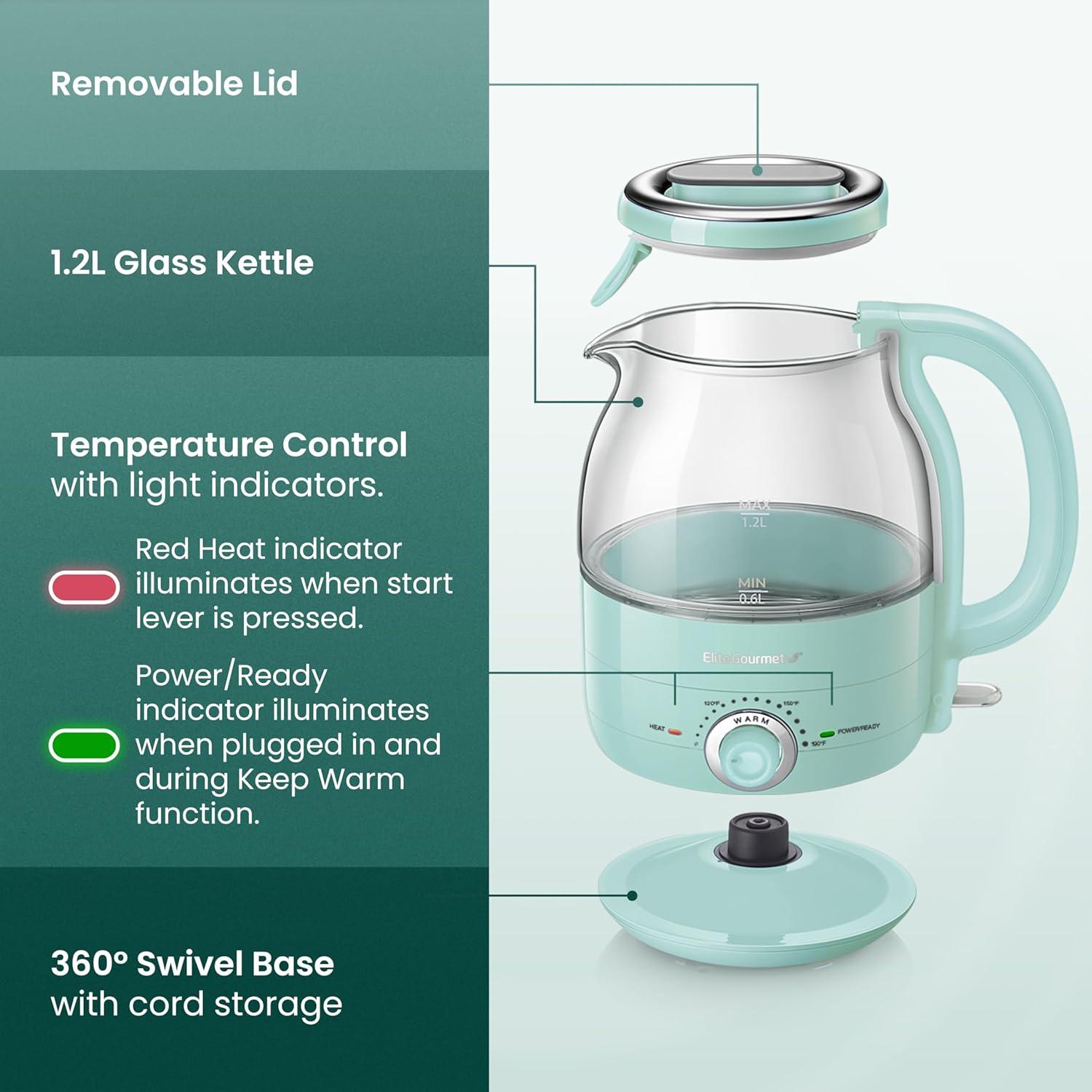 Hervidor Eléctrico Elite Gourmet EKT1220M 1.2L Vidrio BPA Libre