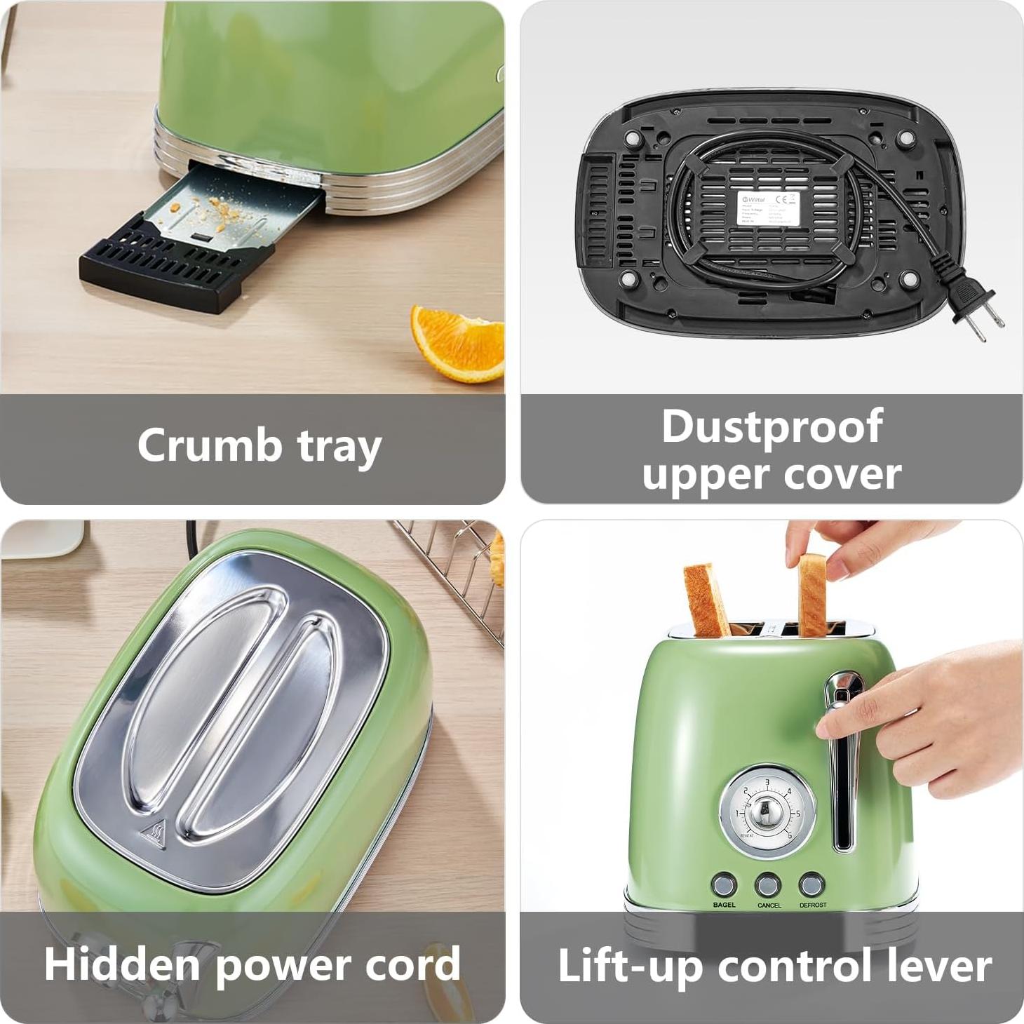 Tostadora Retro Wiltal Verde 2 Rebanadas Acero Inoxidable