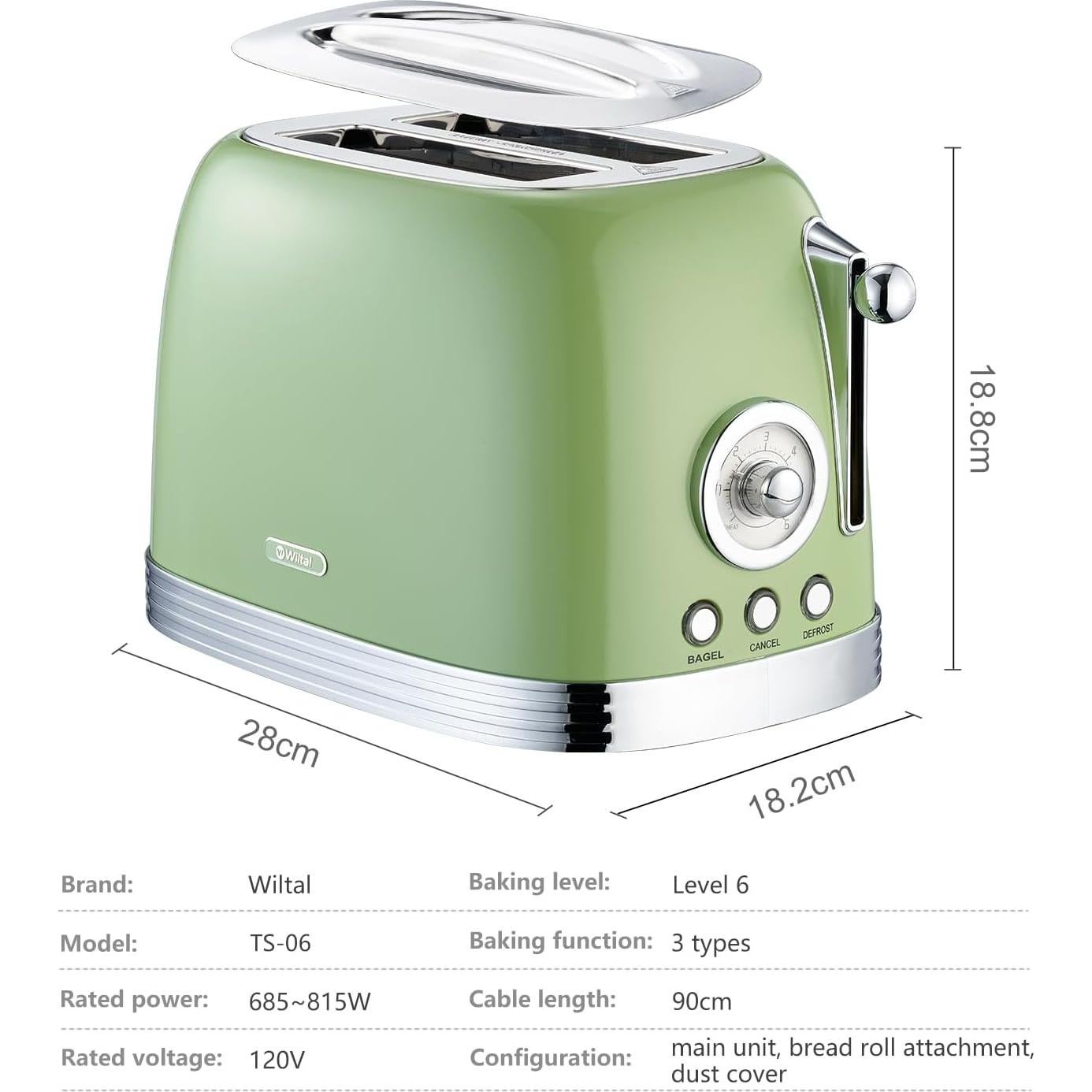 Tostadora Retro Wiltal Verde 2 Rebanadas Acero Inoxidable