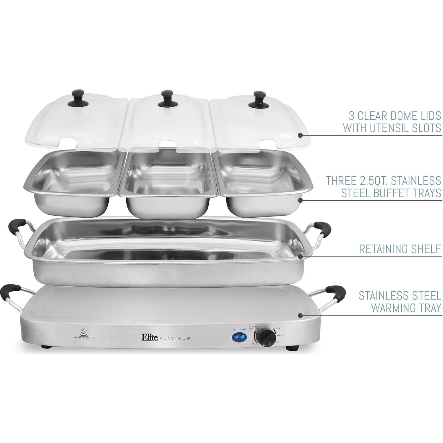 Servidor Buffet Elite Gourmet EWM-9933 3 Bandejas 2.5L Acero Inoxidable