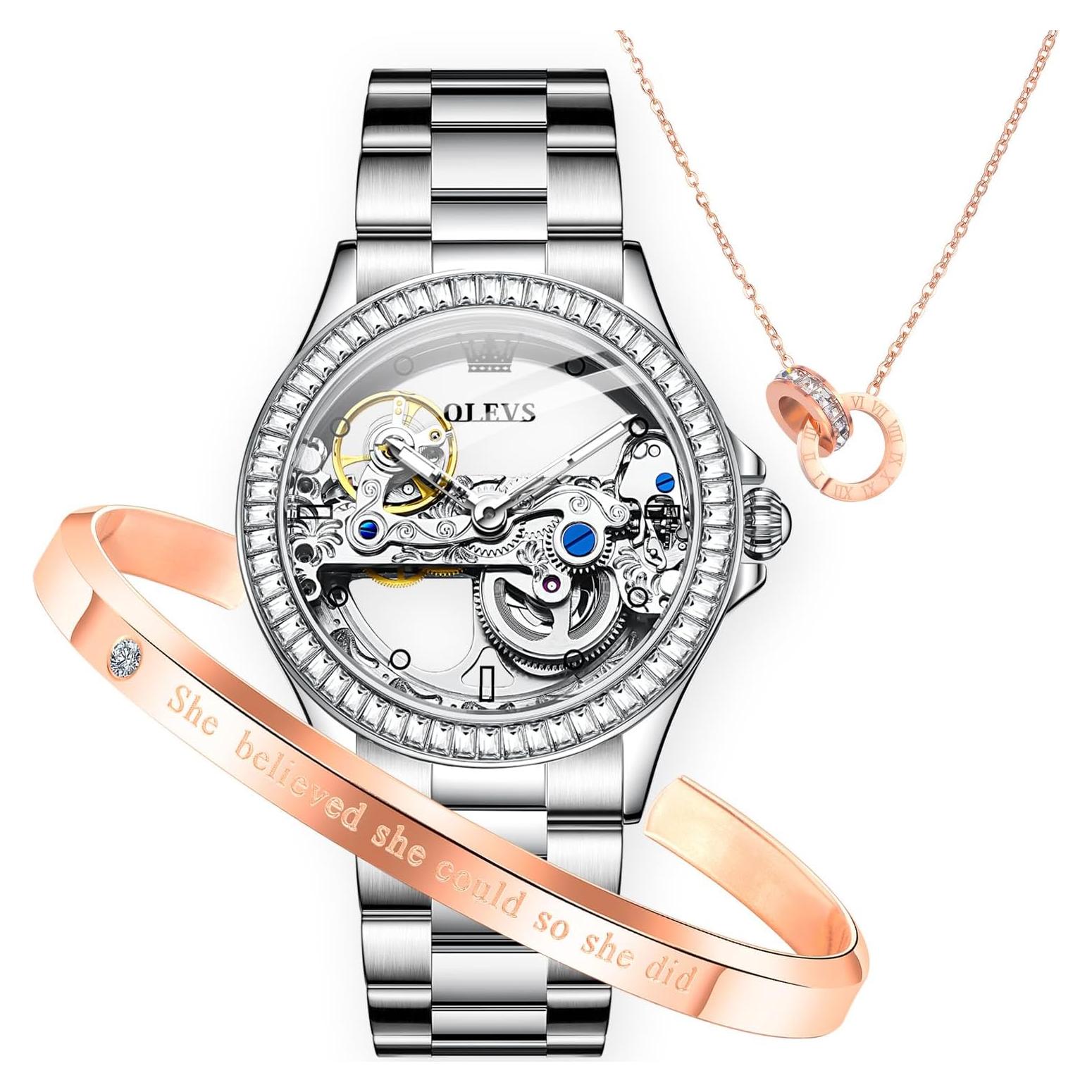 Reloj Automático Mecánico OLEVS Mujer Plata Luminiscente 3ATM