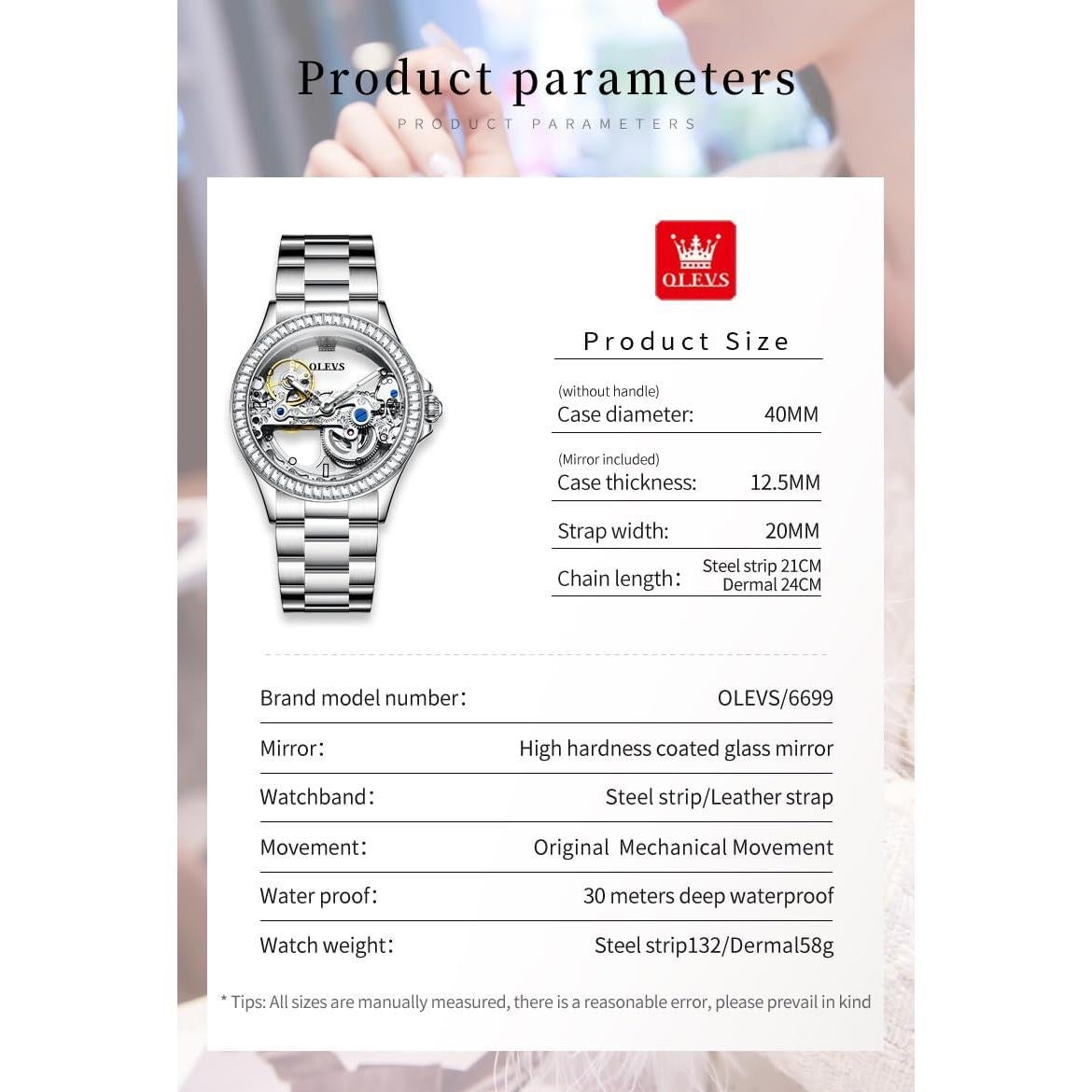 Reloj Automático Mecánico OLEVS Mujer Plata Luminiscente 3ATM