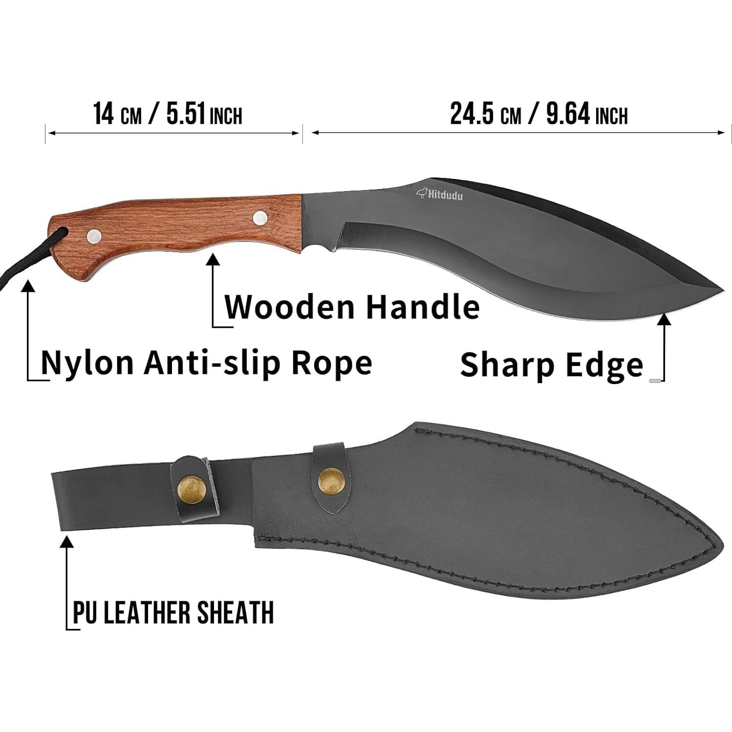 Cuchillo Kukri de Caza Hitdudu 38 cm con Funda de Cuero