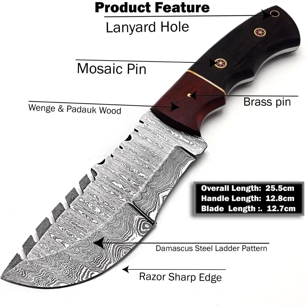 Cuchillo de Caza Bushcraft Tracker Damasco 25.4 cm con Funda